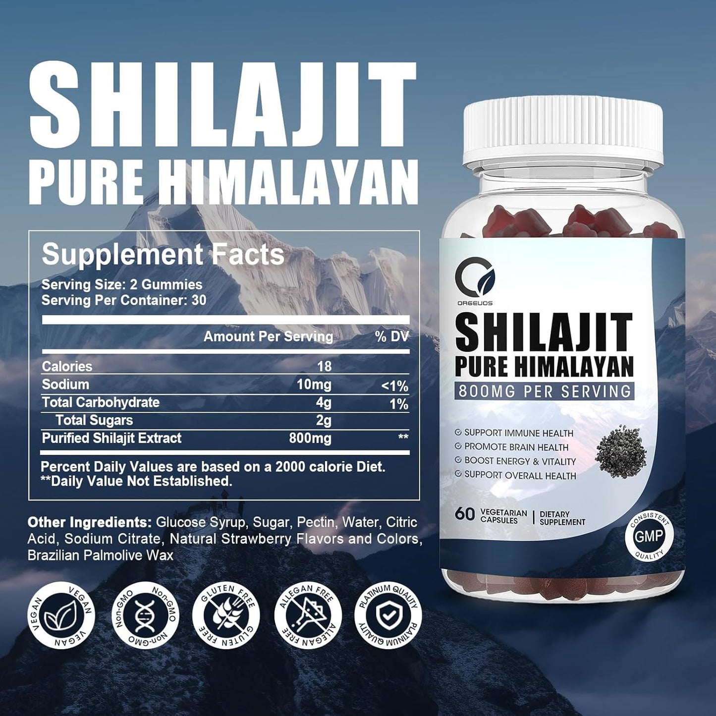 800mg Pure Himalayan Organic Shilajit Gummies with 85+ Trace Minerals - Energy & Immune Support - 60 Gummies