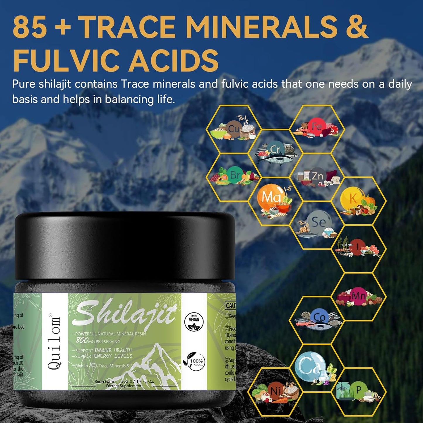 800mg Quilom Shilajit Pure Himalayan Organic Resin - Golden Grade Shilajit Supplement with 85+ Trace Minerals for Immune Support - 50g