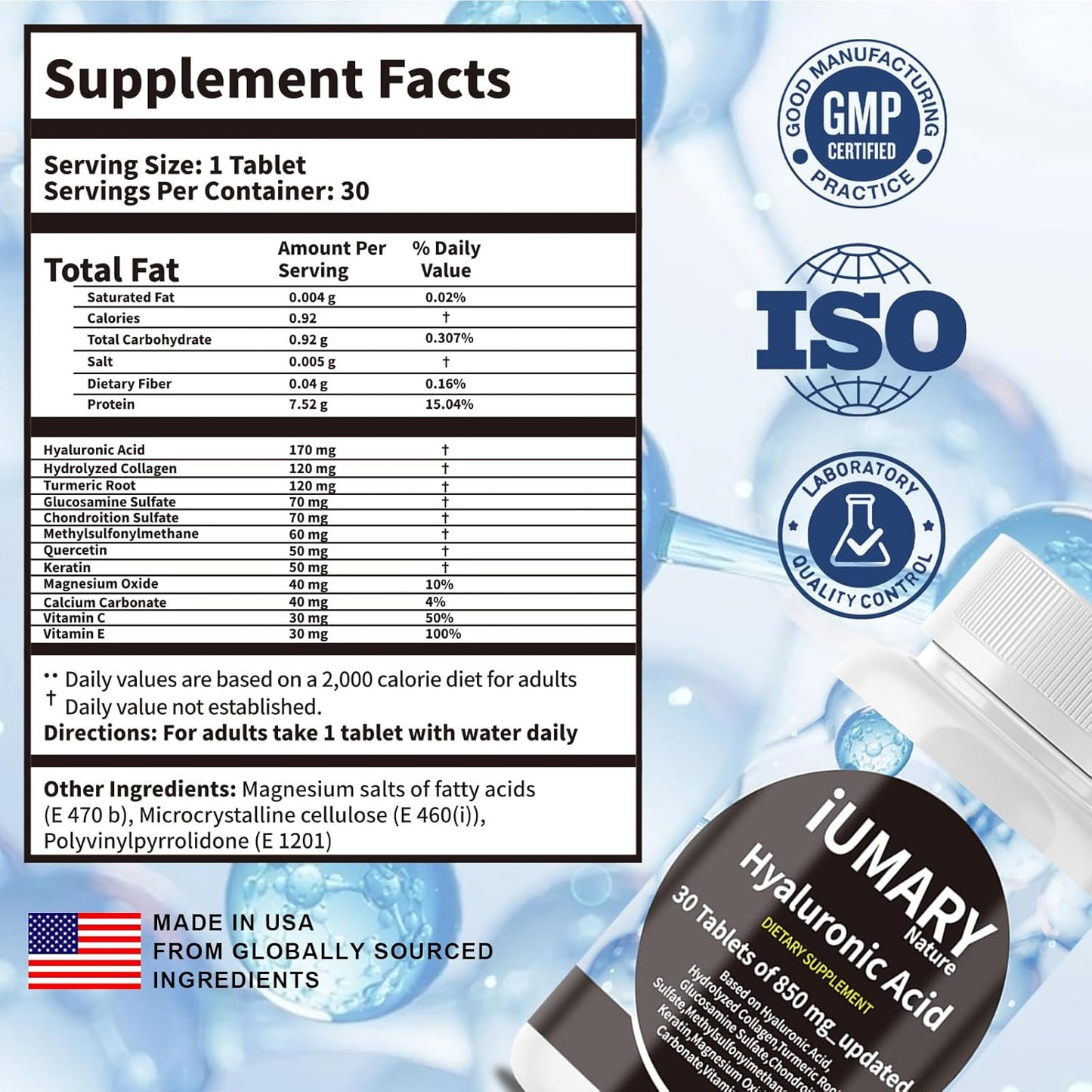 850mg High Bioavailability Hyaluronic Acid Supplements with Collagen, Turmeric, Glucosamine, MSM, Vitamin C - Joint Support Tablets for Advanced Health