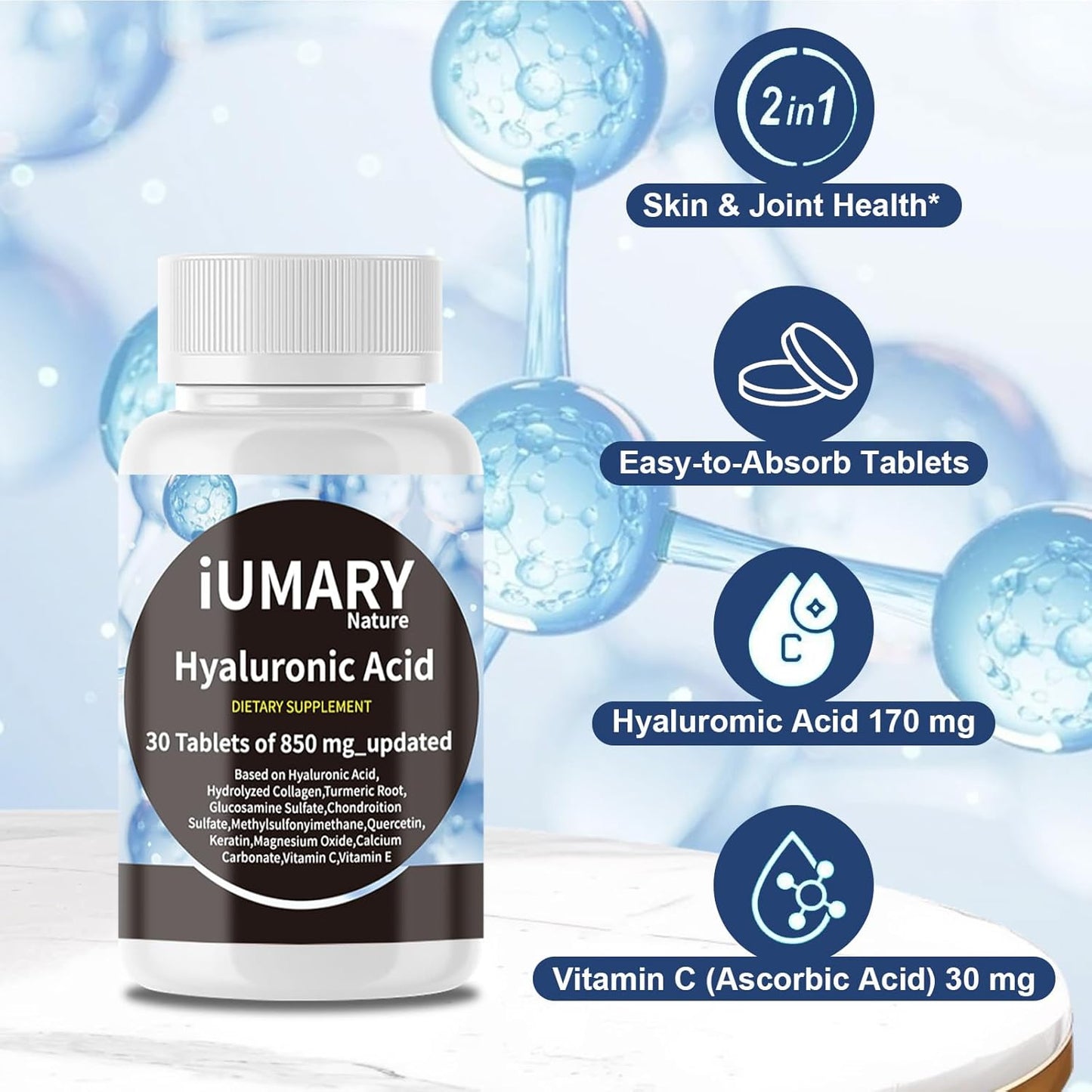 850mg High Bioavailability Hyaluronic Acid Supplements with Collagen, Turmeric, Glucosamine, MSM, Vitamin C - Joint Support Tablets for Advanced Health