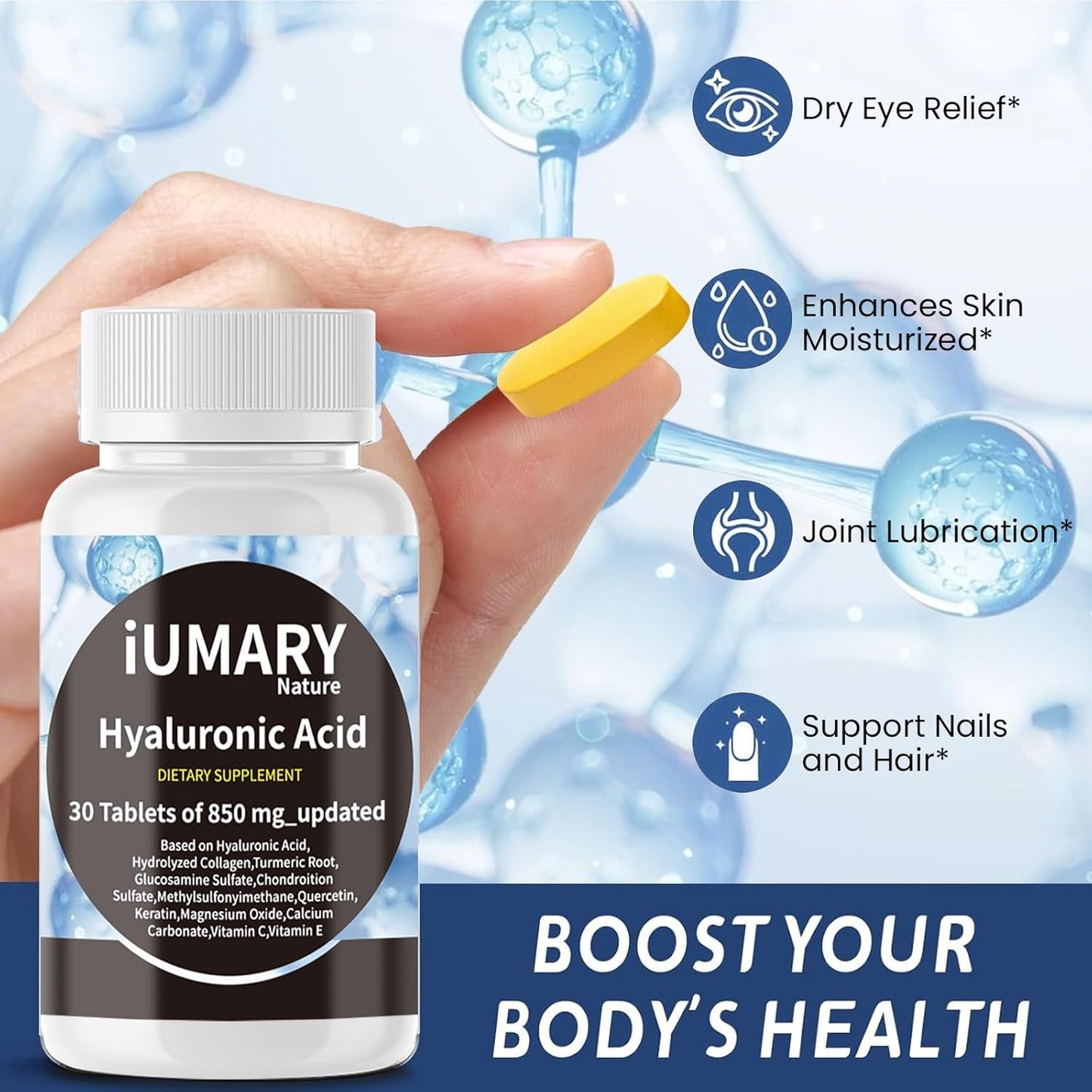 850mg High Bioavailability Hyaluronic Acid Supplements with Collagen, Turmeric, Glucosamine, MSM, Vitamin C - Joint Support Tablets for Advanced Health