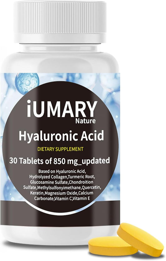 850mg High Bioavailable Hyaluronic Acid Supplements for Advanced Joint Support - Includes Collagen, Turmeric, Glucosamine, MSM, Vitamin C - 30 Tablets