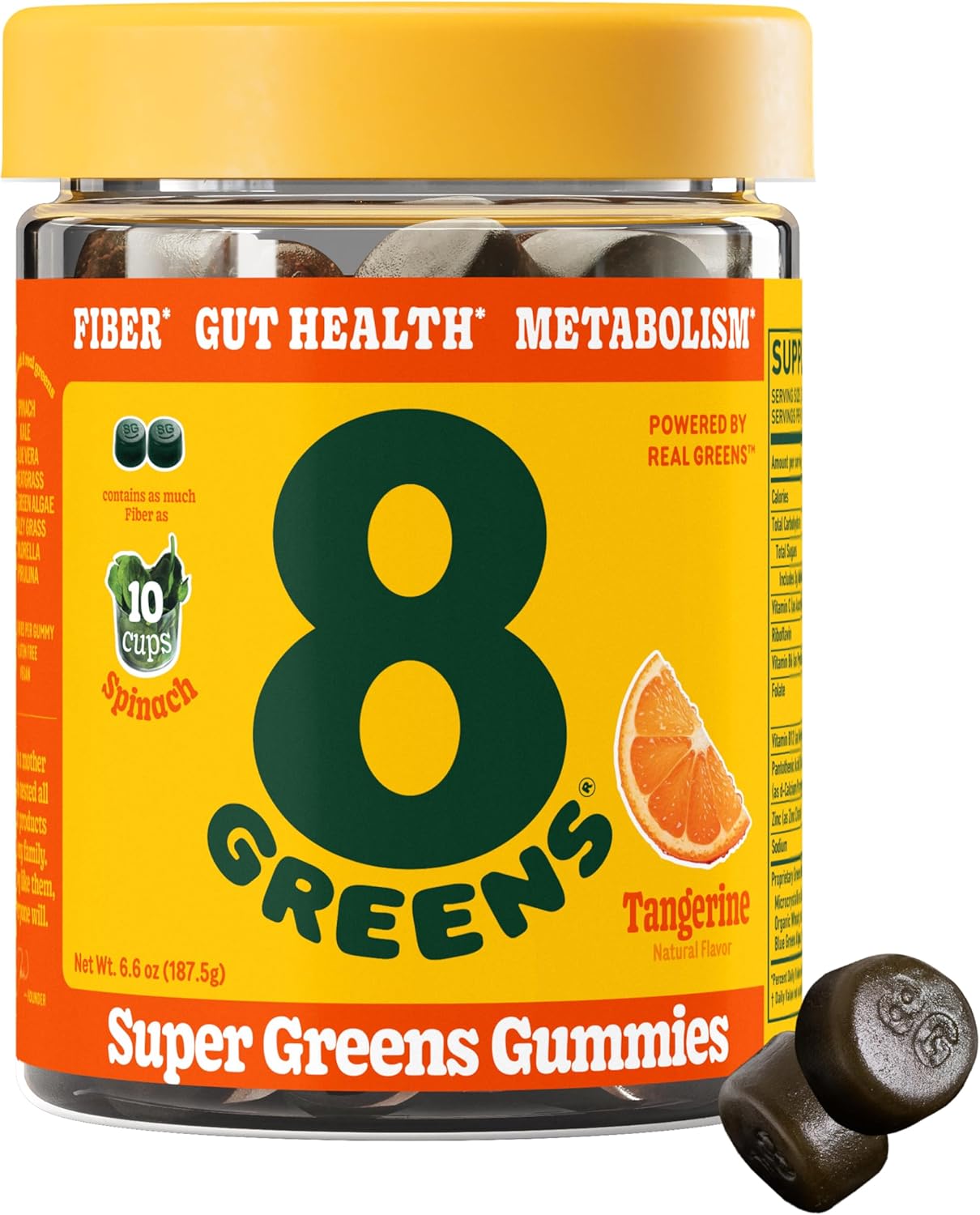 8Greens Fiber Super Greens Gummies - Boost Gut Health, Metabolism & Immune System with 8 Real Greens - Non-GMO Tangerine Gummy - 50 Count
