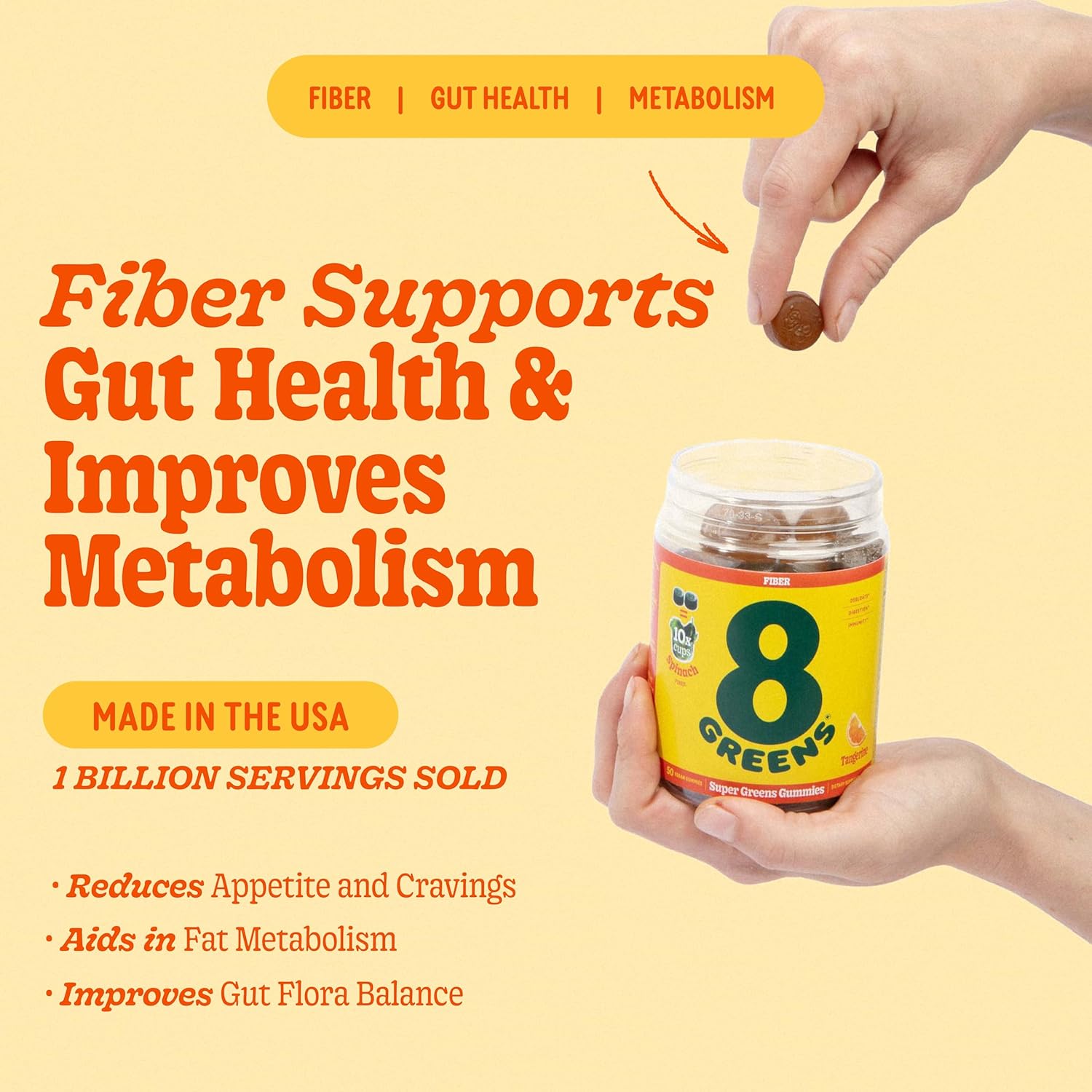 8Greens Fiber Super Greens Gummies - Boost Gut Health, Metabolism & Immune System with 8 Real Greens - Non-GMO Tangerine Gummy - 50 Count