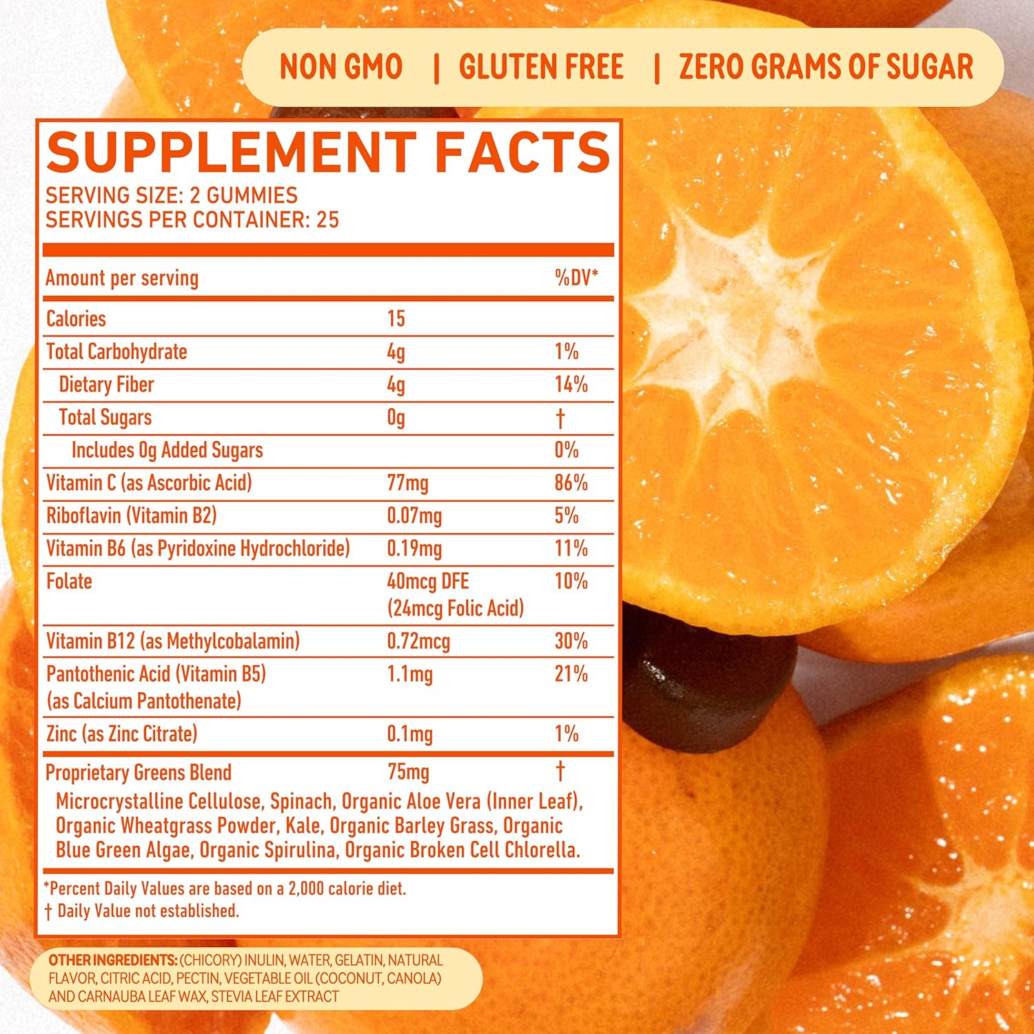 8Greens Fiber Super Greens Gummies - Boost Gut Health, Metabolism & Immune System with 8 Real Greens - Non-GMO Tangerine Gummy - 50 Count