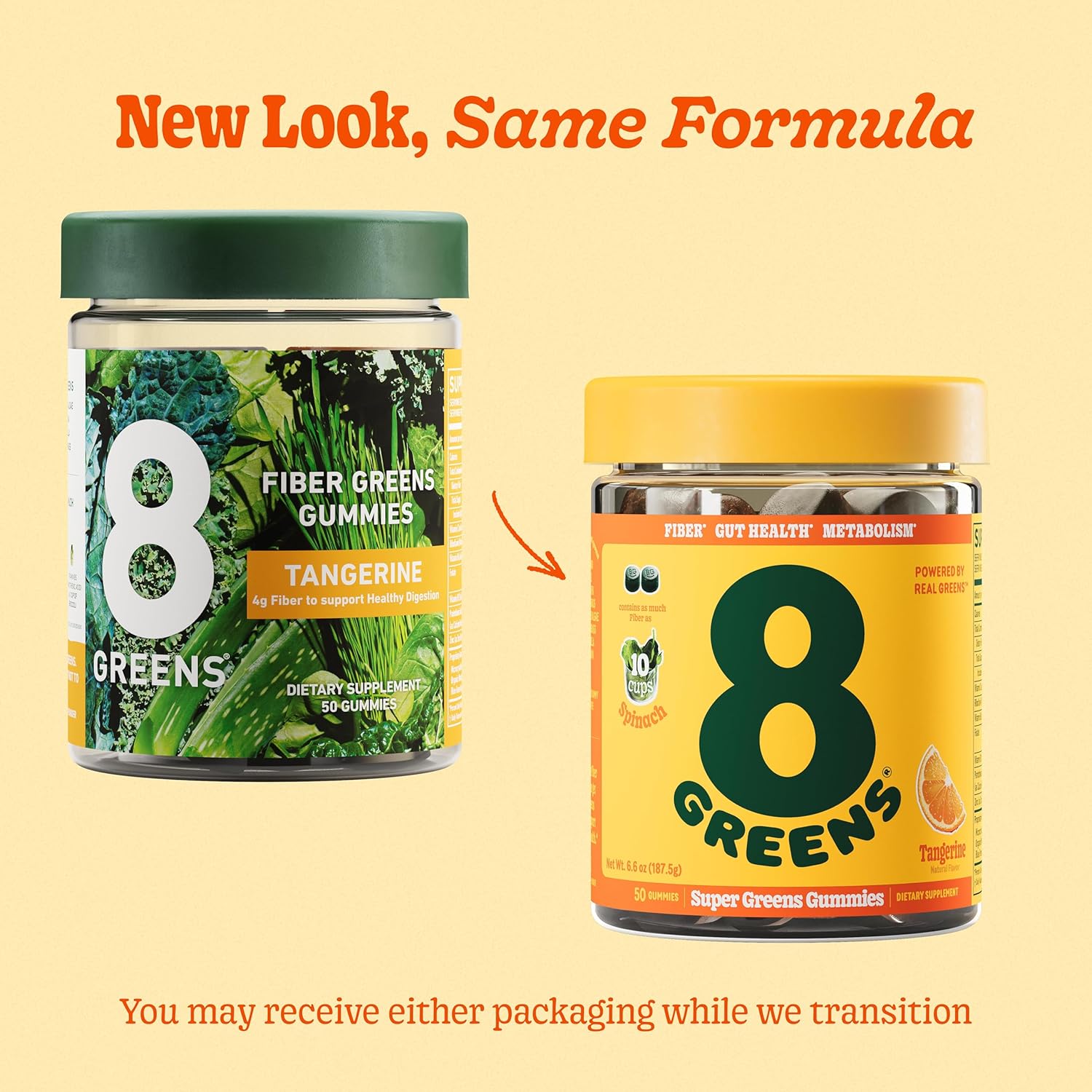 8Greens Fiber Super Greens Gummies - Boost Gut Health, Metabolism & Immune System with 8 Real Greens - Non-GMO Tangerine Gummy - 50 Count