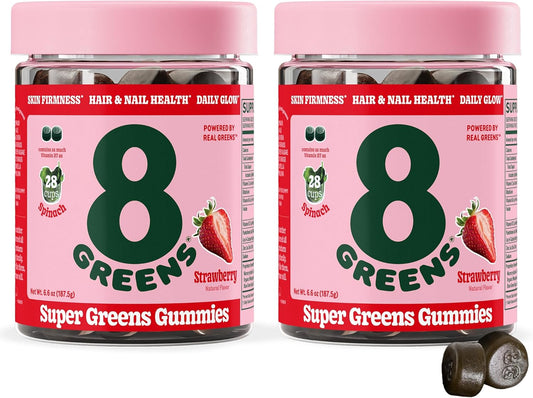 8Greens Superfood Beauty Gummies - Collagen & Biotin Infused for Skin, Hair, Nails - Strawberry Flavored