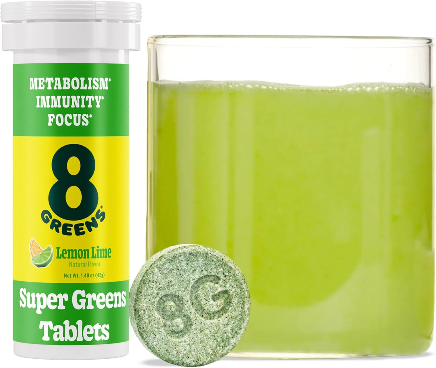 8Greens Supergreens Tablets - Organic Superfood for Metabolism, Immunity & Focus - Daily Effervescent Greens Tablet with Aloe Vera, Spirulina, Chlorella, Lemon Lime - 10 Servings