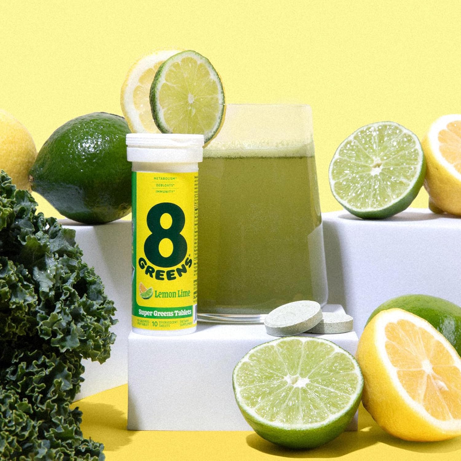 8Greens Supergreens Tablets - Organic Superfood for Metabolism, Immunity & Focus - Daily Effervescent Greens Tablet with Aloe Vera, Spirulina, Chlorella, Lemon Lime - 10 Servings