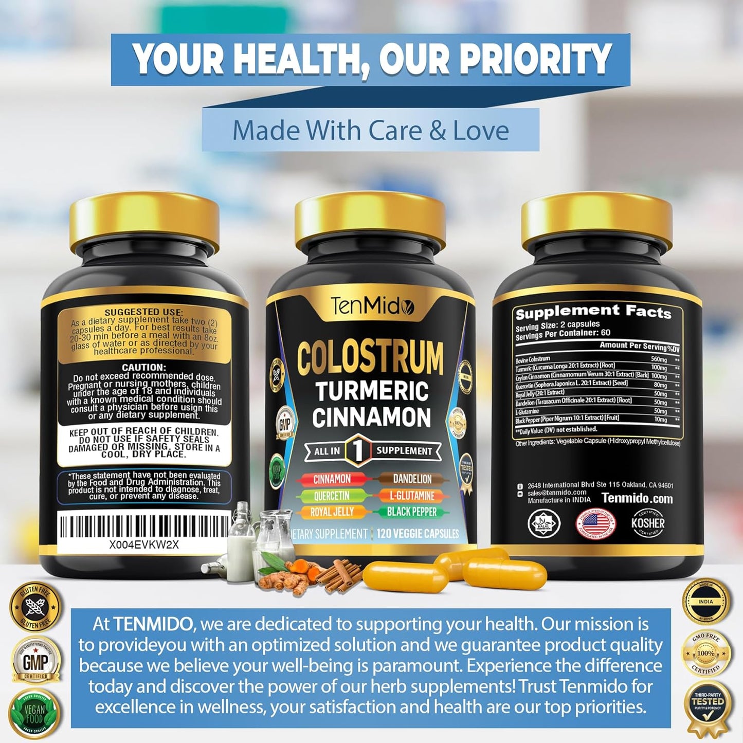 8in1 Colostrum Supplement with Turmeric, Ceylon Cinnamon, Quercetin, Royal Jelly, Dandelion, L-Glutamine, Black Pepper - 120 Capsules - Digestive Health Support