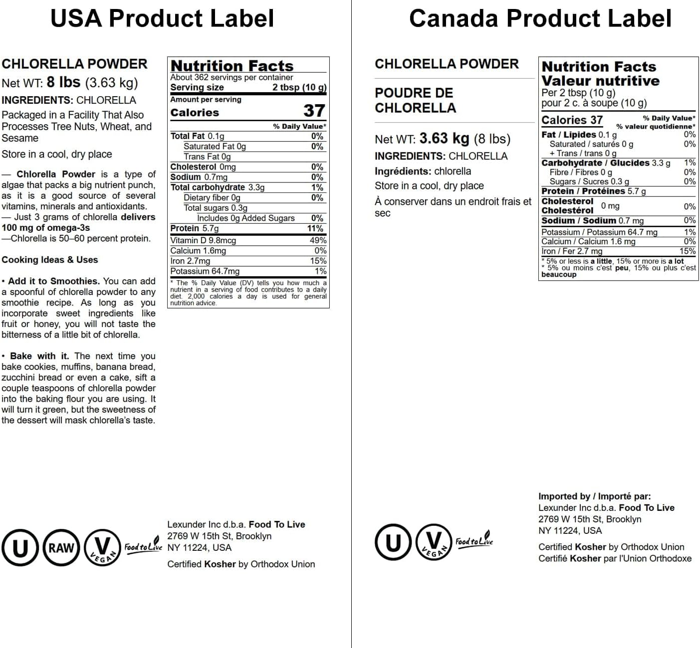 8lb Bulk Chlorella Powder - Raw Green Algae Superfood for Drinks & Smoothies, Kosher & Vegan - Rich in Vitamins & Minerals