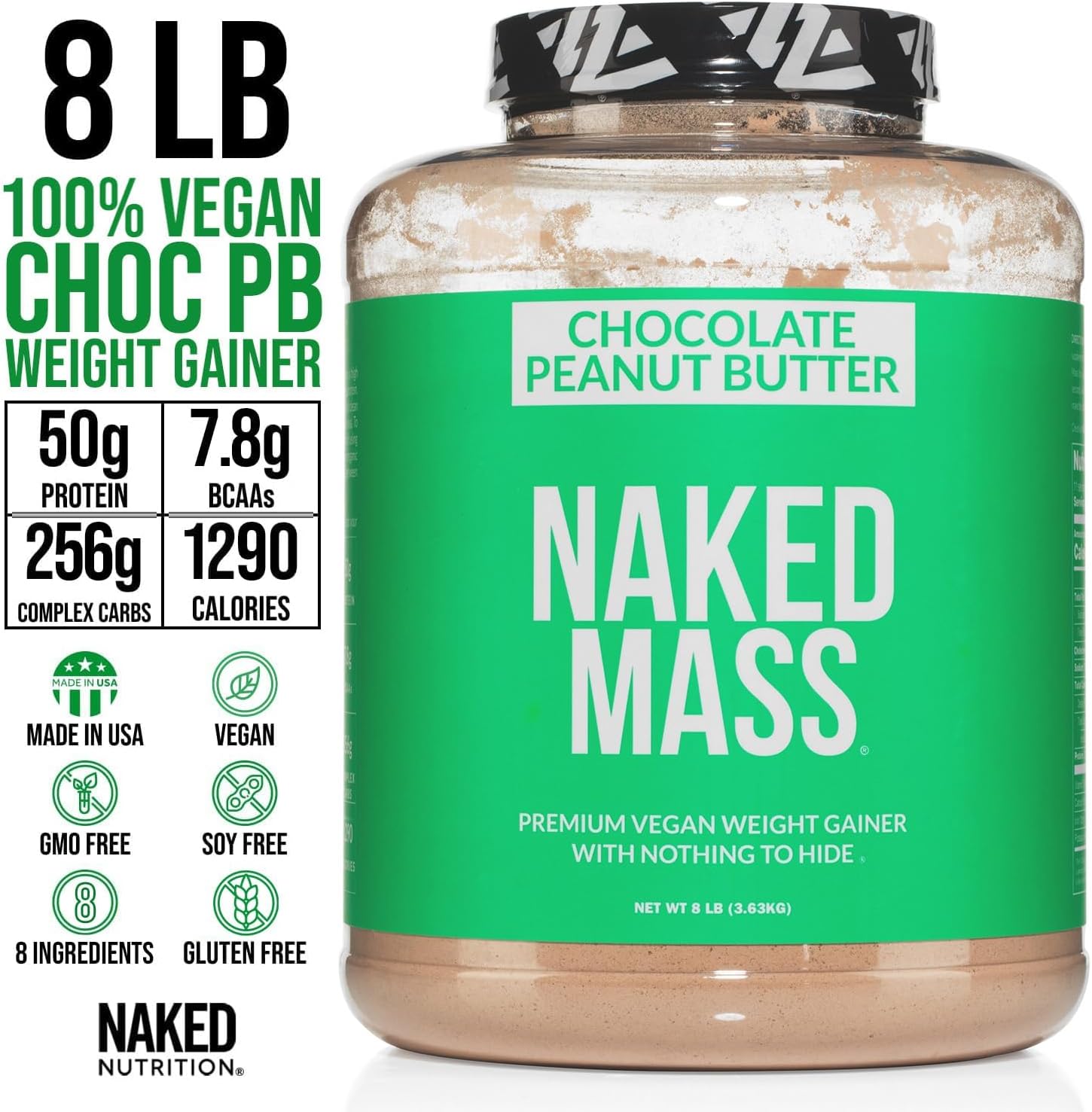 8LB Naked Chocolate Peanut Butter Vegan Mass - 1,290 Calories Weight Gainer Protein Powder - GMO Free, Gluten Free, Soy Free