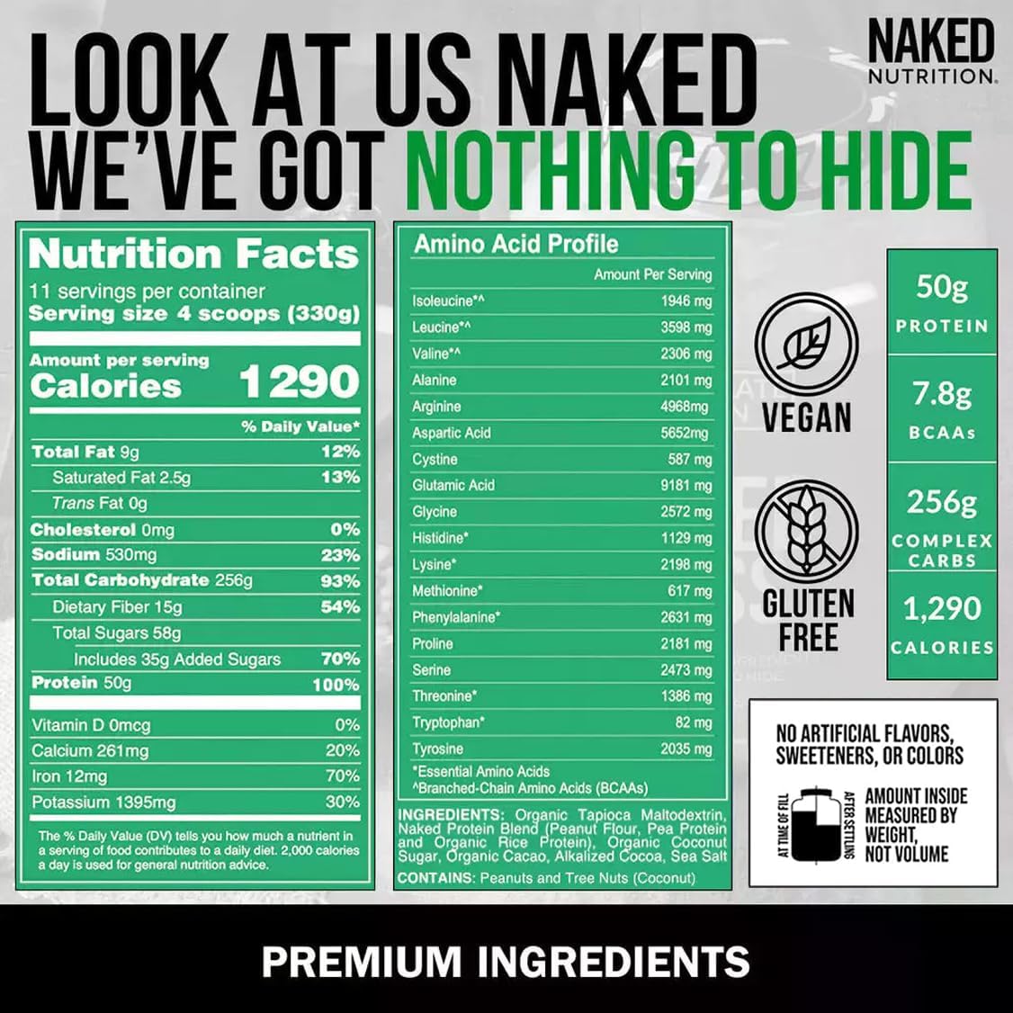 8LB Naked Chocolate Peanut Butter Vegan Mass - 1,290 Calories Weight Gainer Protein Powder - GMO Free, Gluten Free, Soy Free