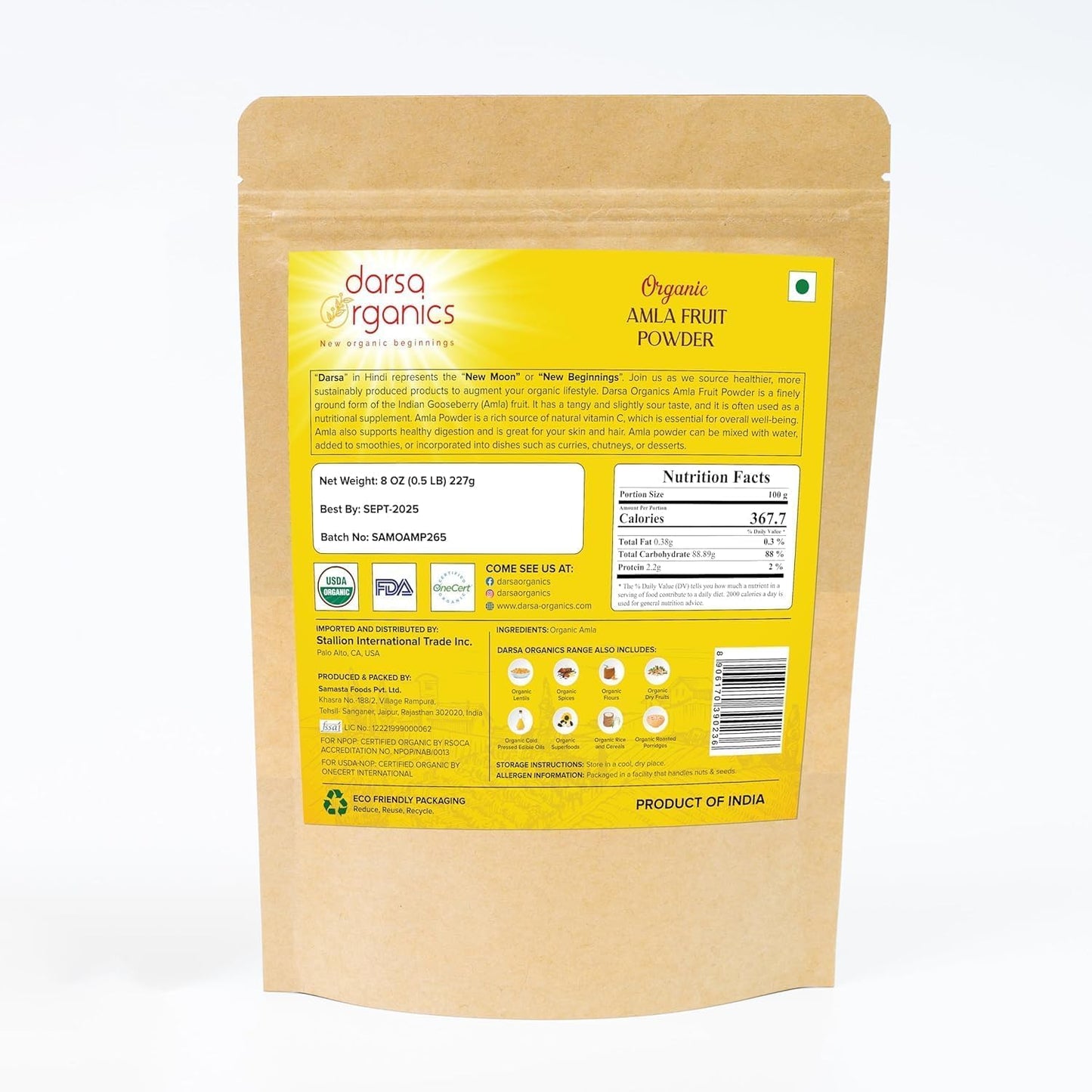 8oz Darsa Organics Amla Powder - Pure Indian Gooseberry Plant Powder for Hair, Skin, Immunity - High in Vitamin C & Antioxidants - Herbal Tea, Smoothies, Masks