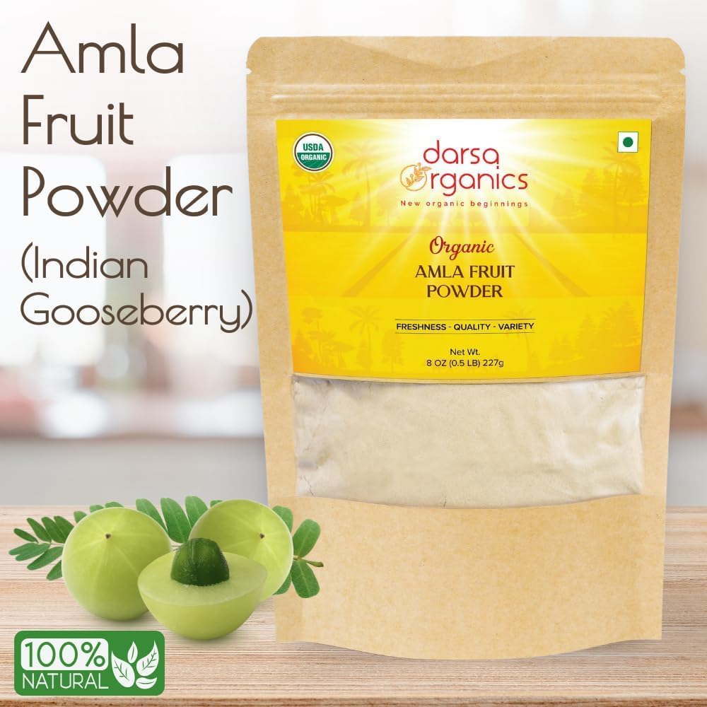 8oz Darsa Organics Amla Powder - Pure Indian Gooseberry Plant Powder for Hair, Skin, Immunity - High in Vitamin C & Antioxidants - Herbal Tea, Smoothies, Masks