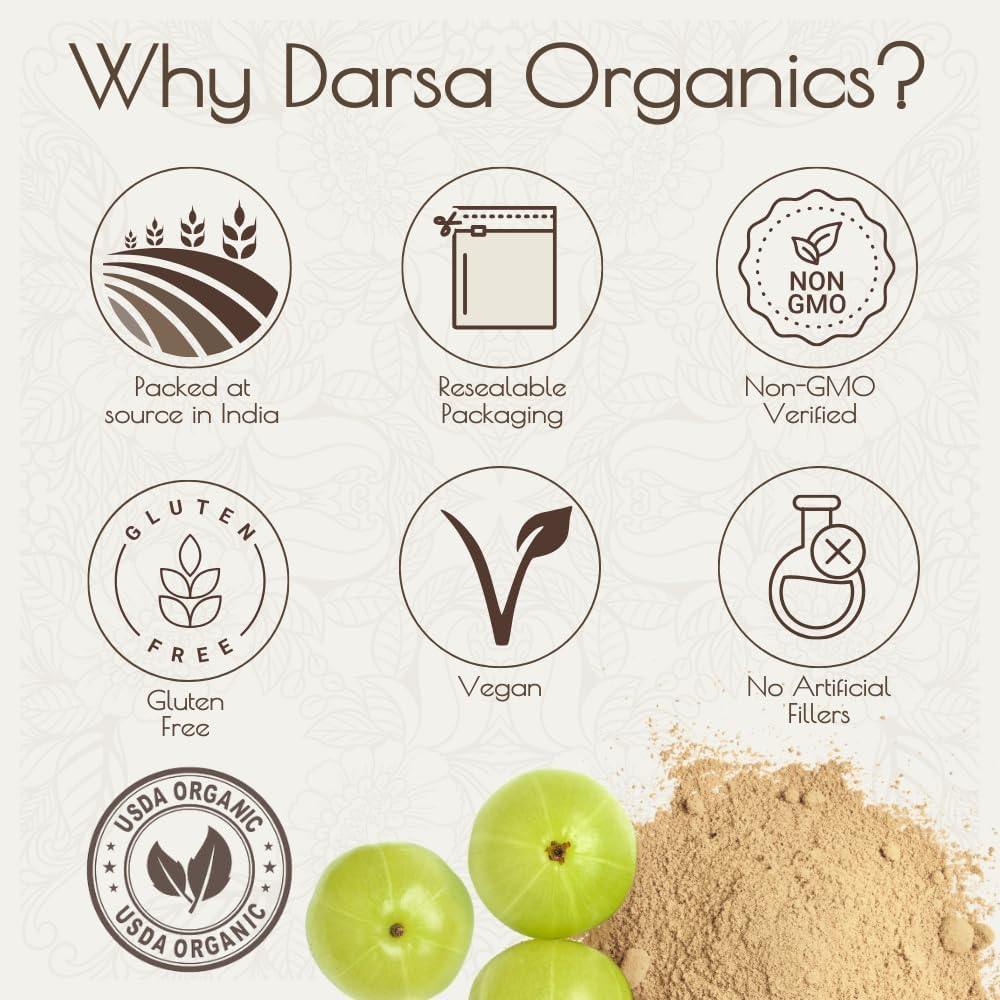 8oz Darsa Organics Amla Powder - Pure Indian Gooseberry Plant Powder for Hair, Skin, Immunity - High in Vitamin C & Antioxidants - Herbal Tea, Smoothies, Masks