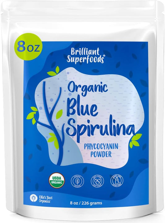 8oz Ellie's Best Organic Blue Spirulina Powder - Odorless Blue Green Algae - Vegan, Non GMO, Gluten-Free, Dairy-Free - USDA Certified Natural Blue Coloring for Smoothies & Protein Drinks