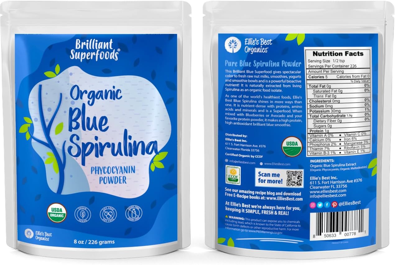 8oz Ellie's Best Organic Blue Spirulina Powder - Odorless Blue Green Algae - Vegan, Non GMO, Gluten-Free, Dairy-Free - USDA Certified Natural Blue Coloring for Smoothies & Protein Drinks