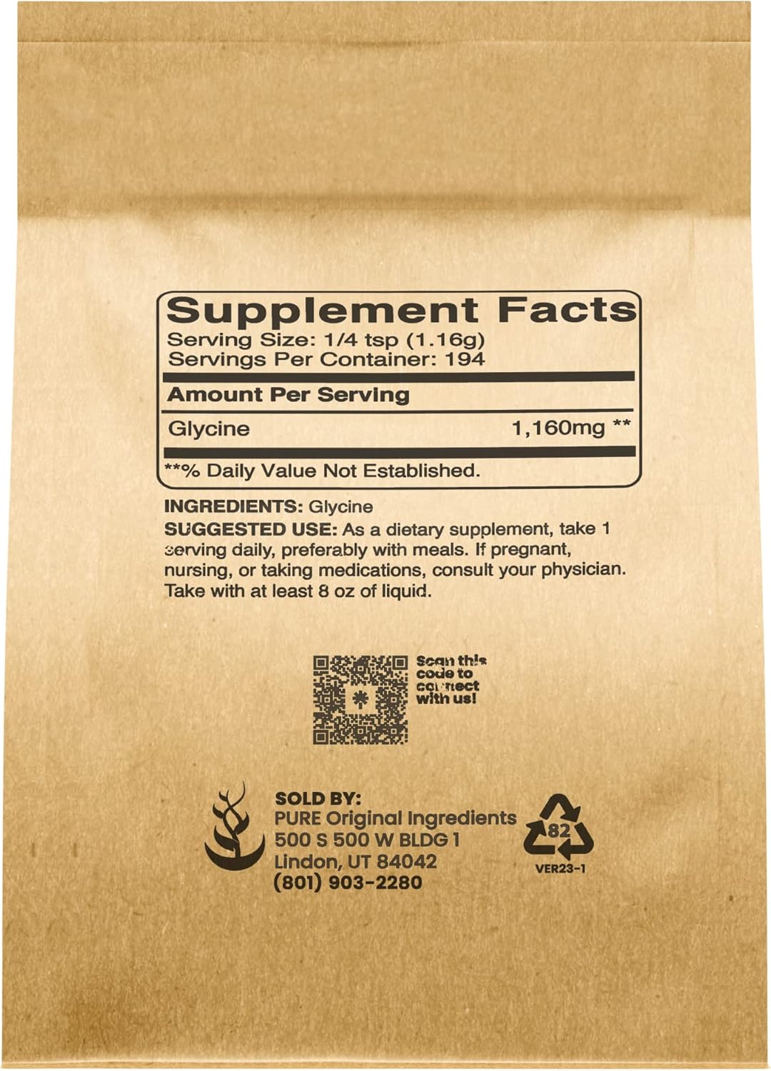 8oz Non-GMO Glycine Powder - Pure Original Ingredients, Non-Essential Amino Acid Supplement