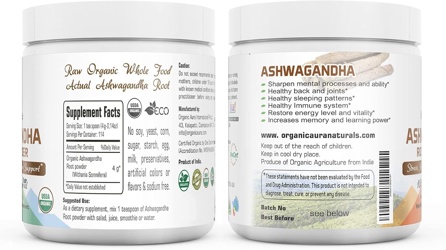 8oz Organic Ashwagandha Root Powder - Certified, GMO-Free, Gluten-Free Herbal Supplement for Enhanced Health - Raw and Original Withania somnifera