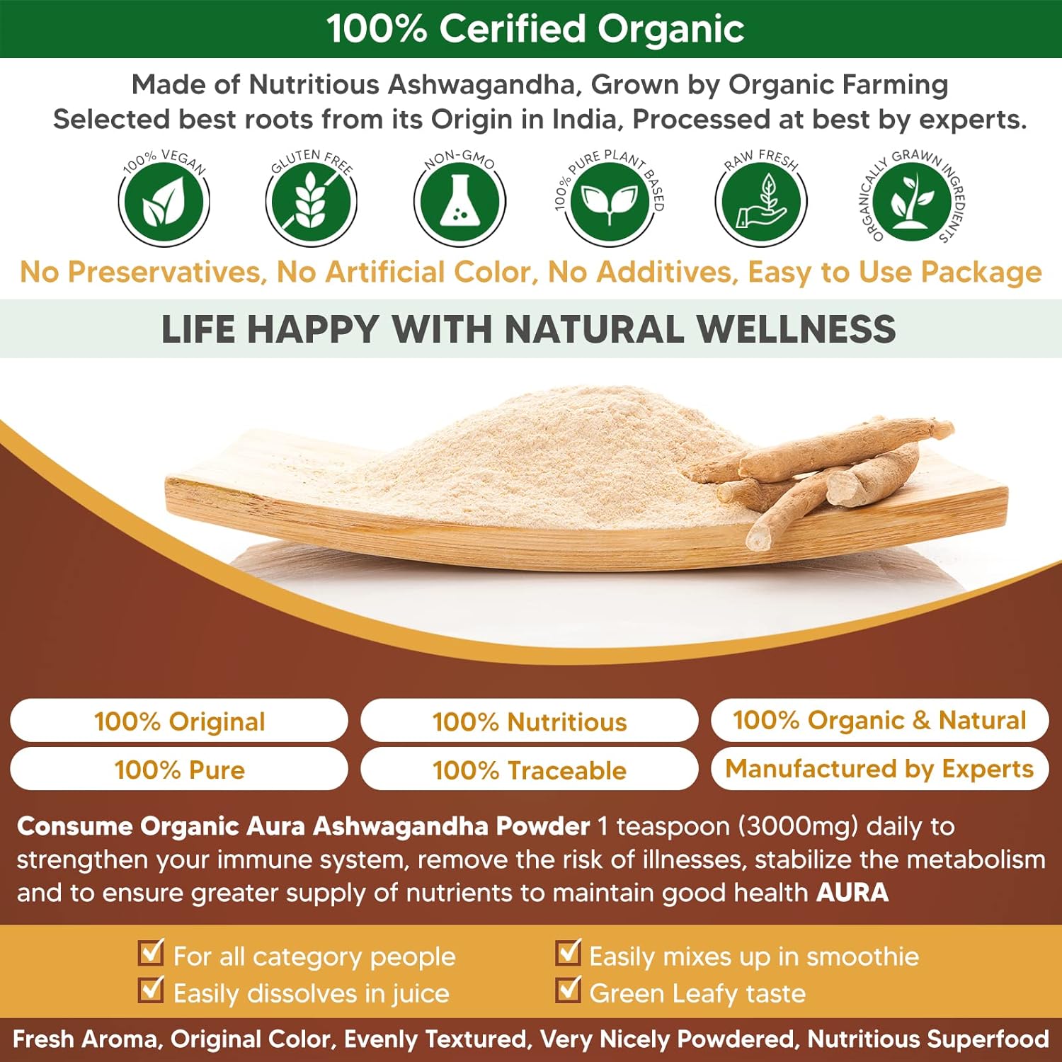 8oz Organic Ashwagandha Root Powder - Certified, GMO-Free, Gluten-Free Herbal Supplement for Enhanced Health - Raw and Original Withania somnifera