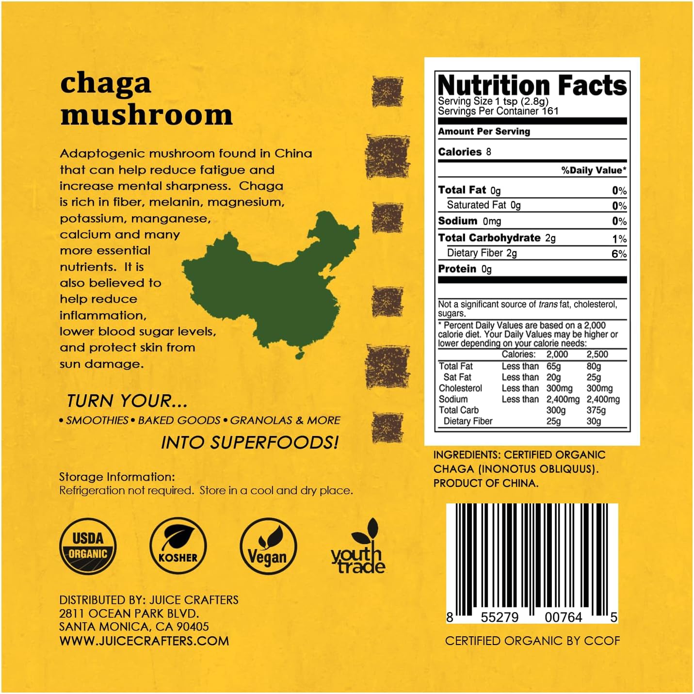 8oz Organic Chaga Mushroom Powder - Vegan Superfood Supplement for Smoothies & Baked Goods - Kosher Adaptogen Powder by Juice Crafters