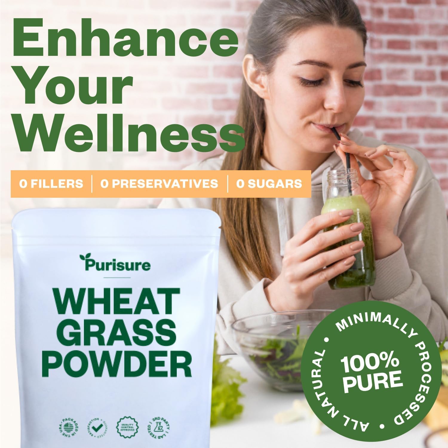 8oz Purisure Wheatgrass Powder - Green Superfood for Smoothies & Shakes, Immunity Boosting Wheat Grass Powder with Fiber & Minerals - 76 Servings - BoostGo Australia