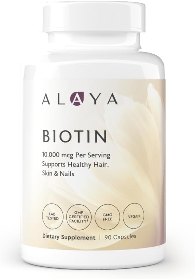 90 Capsules of Alaya Naturals Biotin 10,000mcg for Healthy Hair, Skin, and Nails