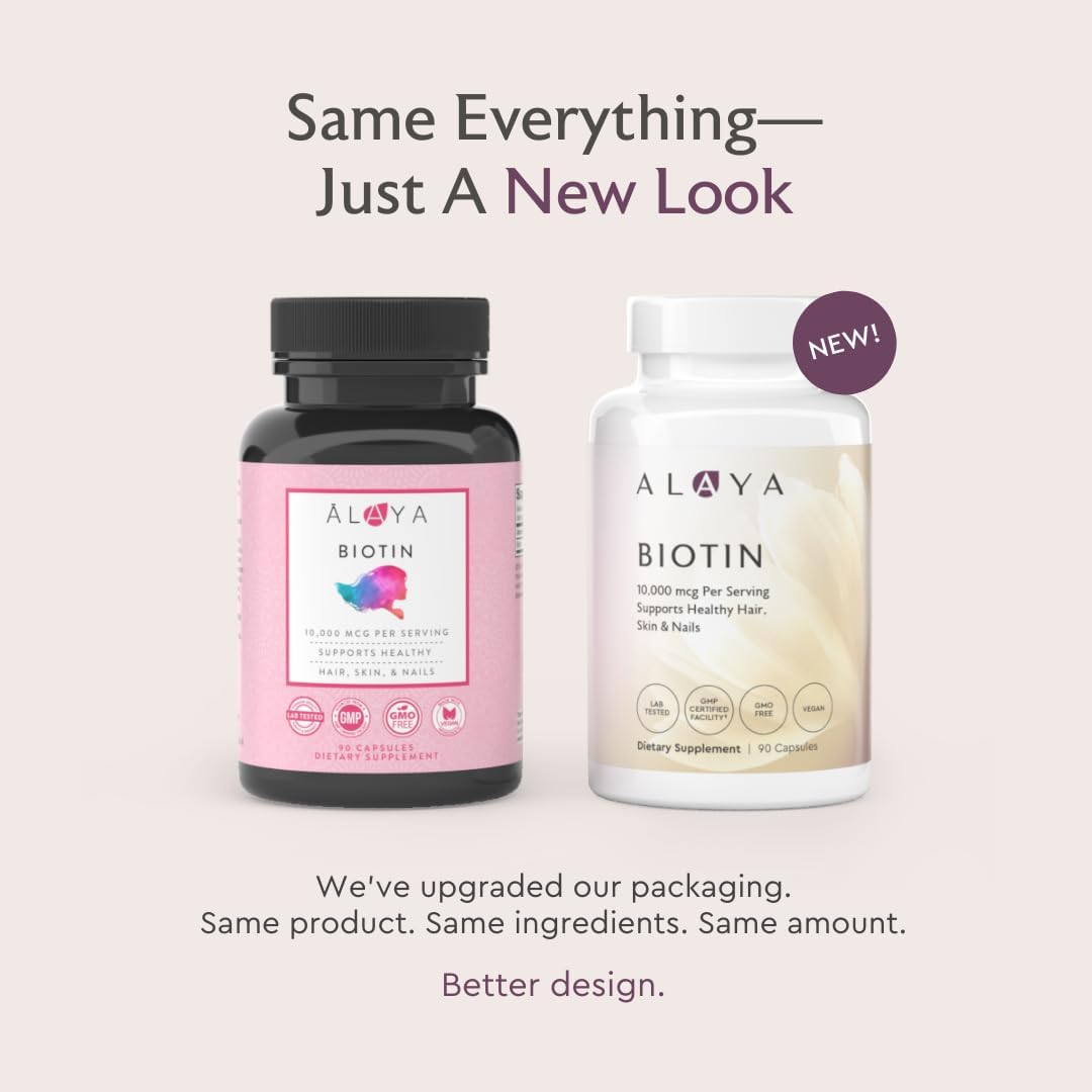 90 Capsules of Alaya Naturals Biotin 10,000mcg for Healthy Hair, Skin, and Nails
