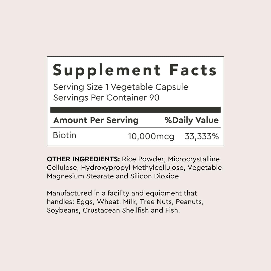 90 Capsules of Alaya Naturals Biotin 10,000mcg for Healthy Hair, Skin, and Nails