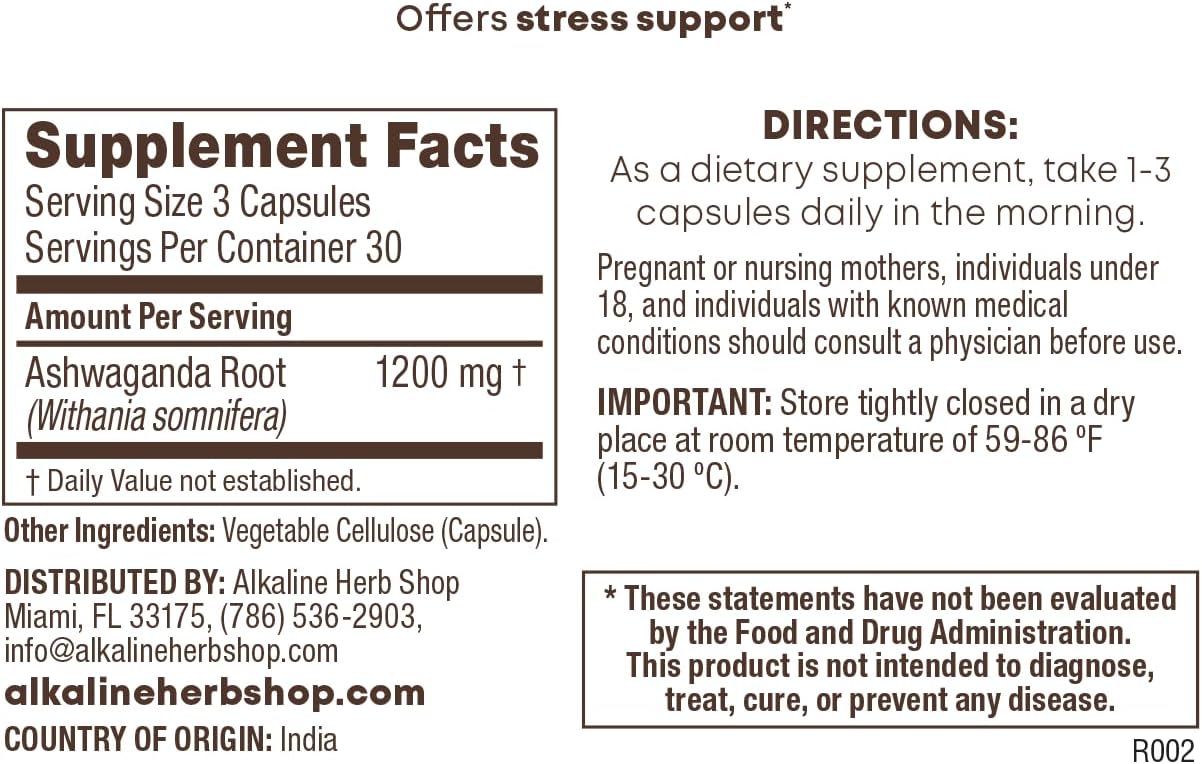 90 Capsules of Alkaline Herb Shop Ashwagandha Supplement for Stress Relief and Energy Boost