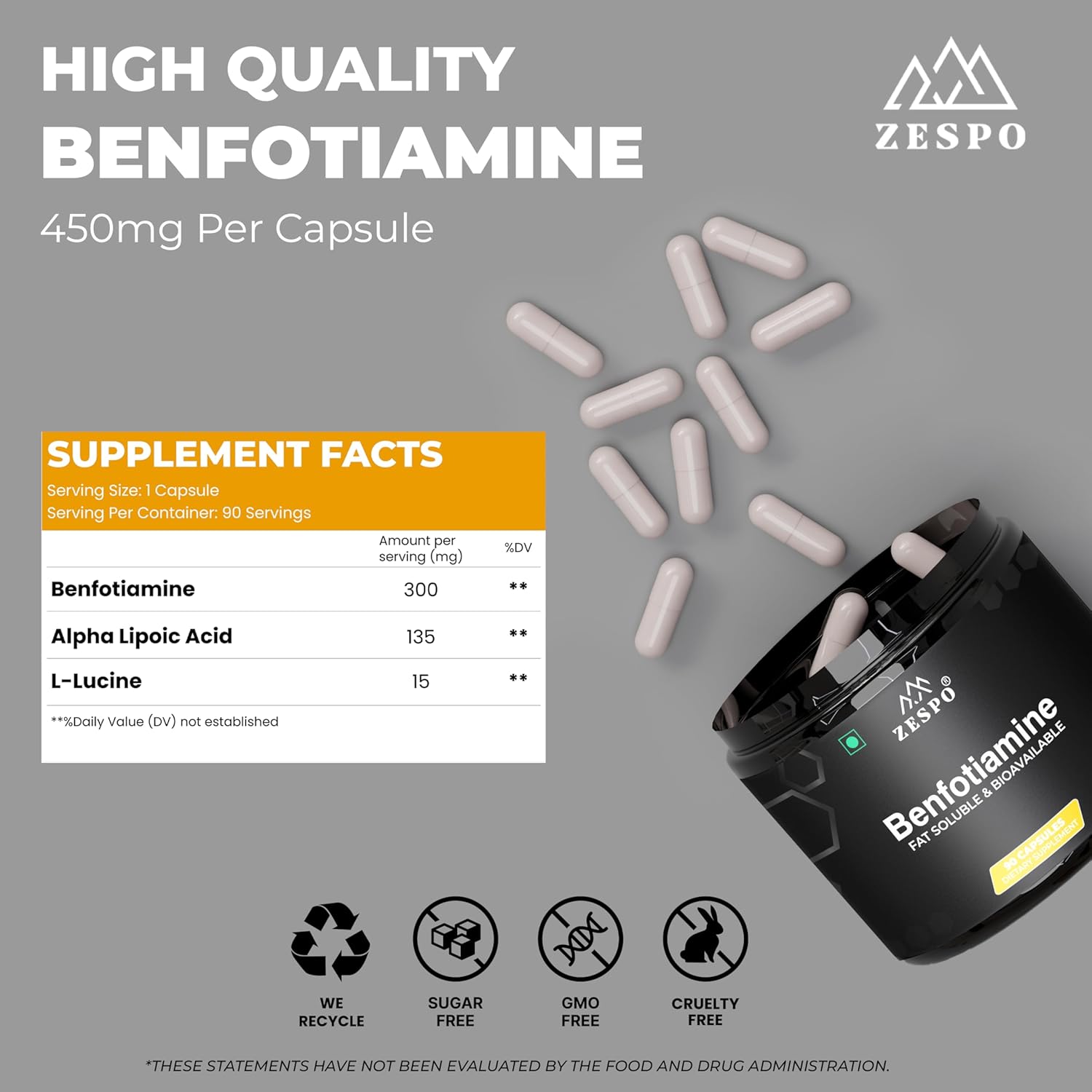 90 Capsules of Zespo Benfotiamine - Promotes Cellular Health, High Bioavailability for Maximum Absorption