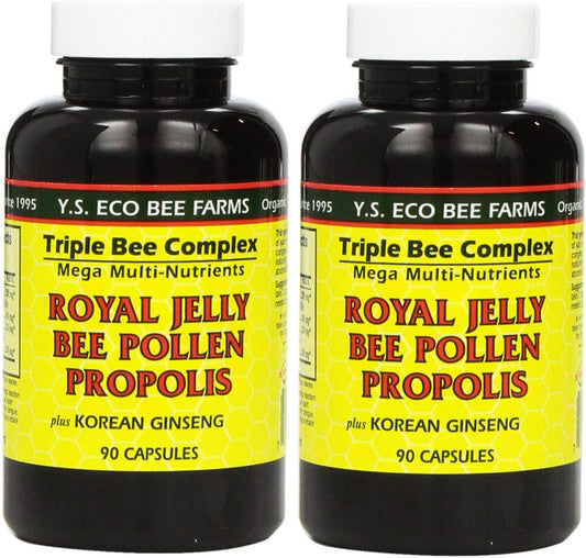 90 Capsules YS Eco Bee Farms Royal Jelly Bee Pollen Propolis with Korean Ginseng (2 Pack) - Natural Immune Support