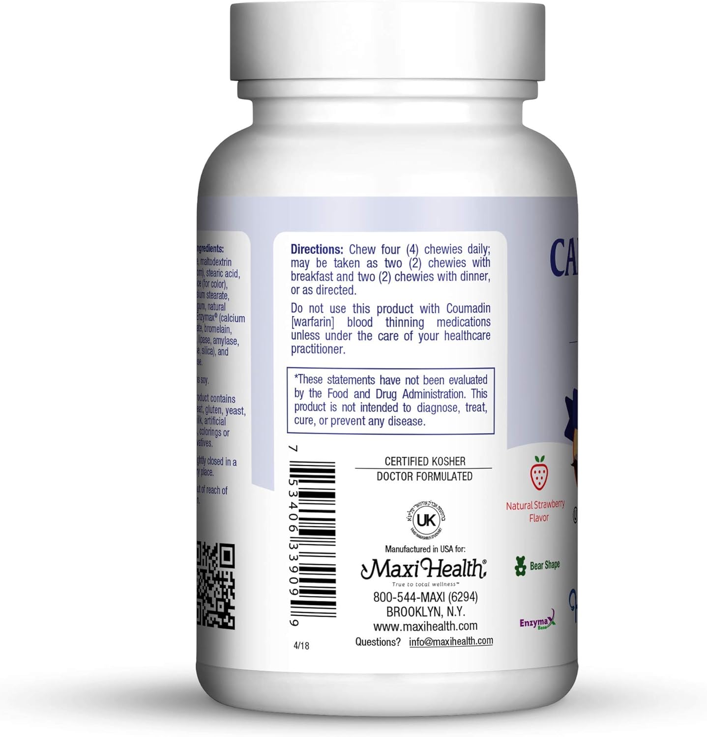 90 Chewable Calcium Vitamin D3 Magnesium K2 Tabs for Strong Bones, Teeth & Joints - Natural Strawberry Flavor - Gluten Free & Kosher - Made in USA