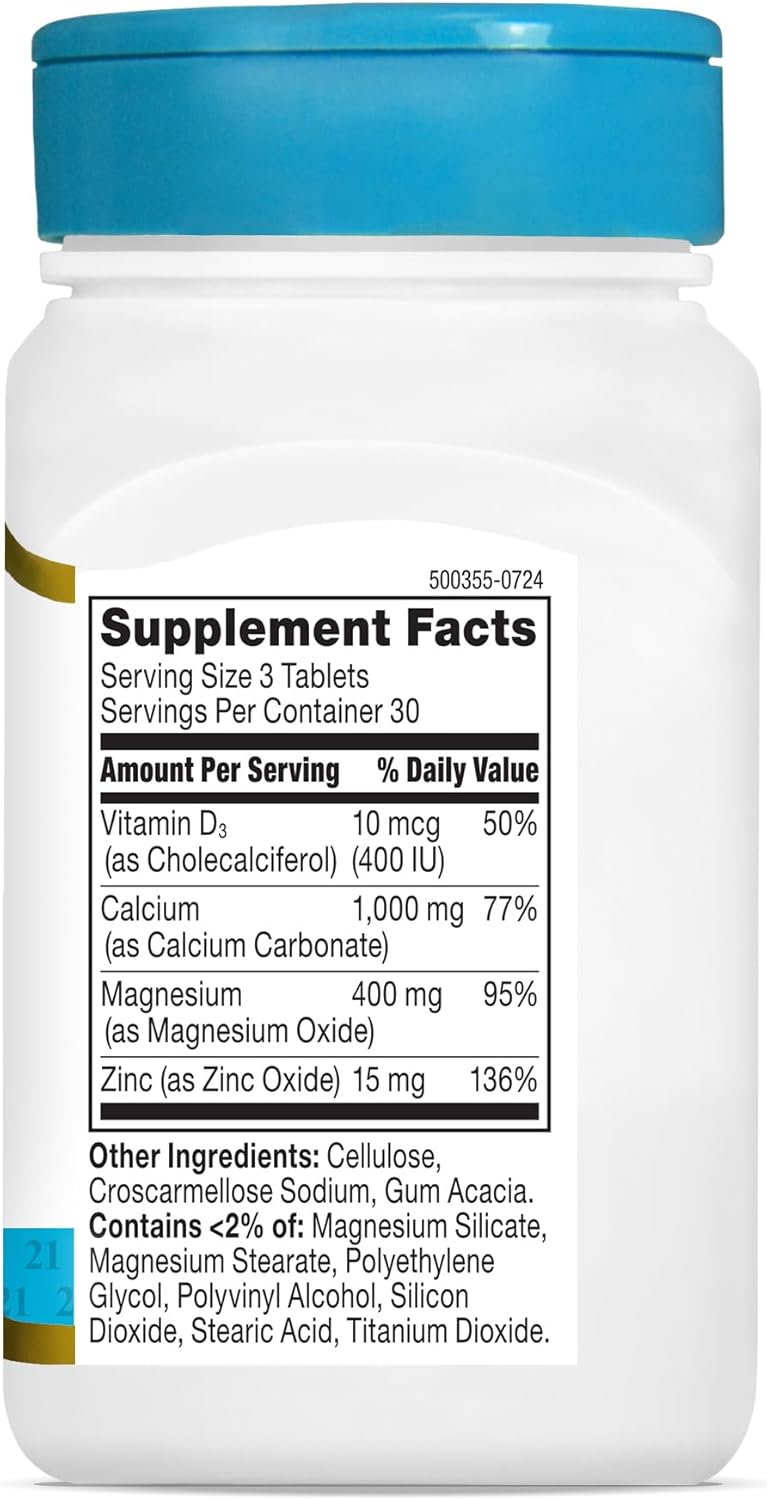 90 Count 21st Century Calcium Magnesium Zinc + Vitamin D Tablets for Bone Health and Immune Support