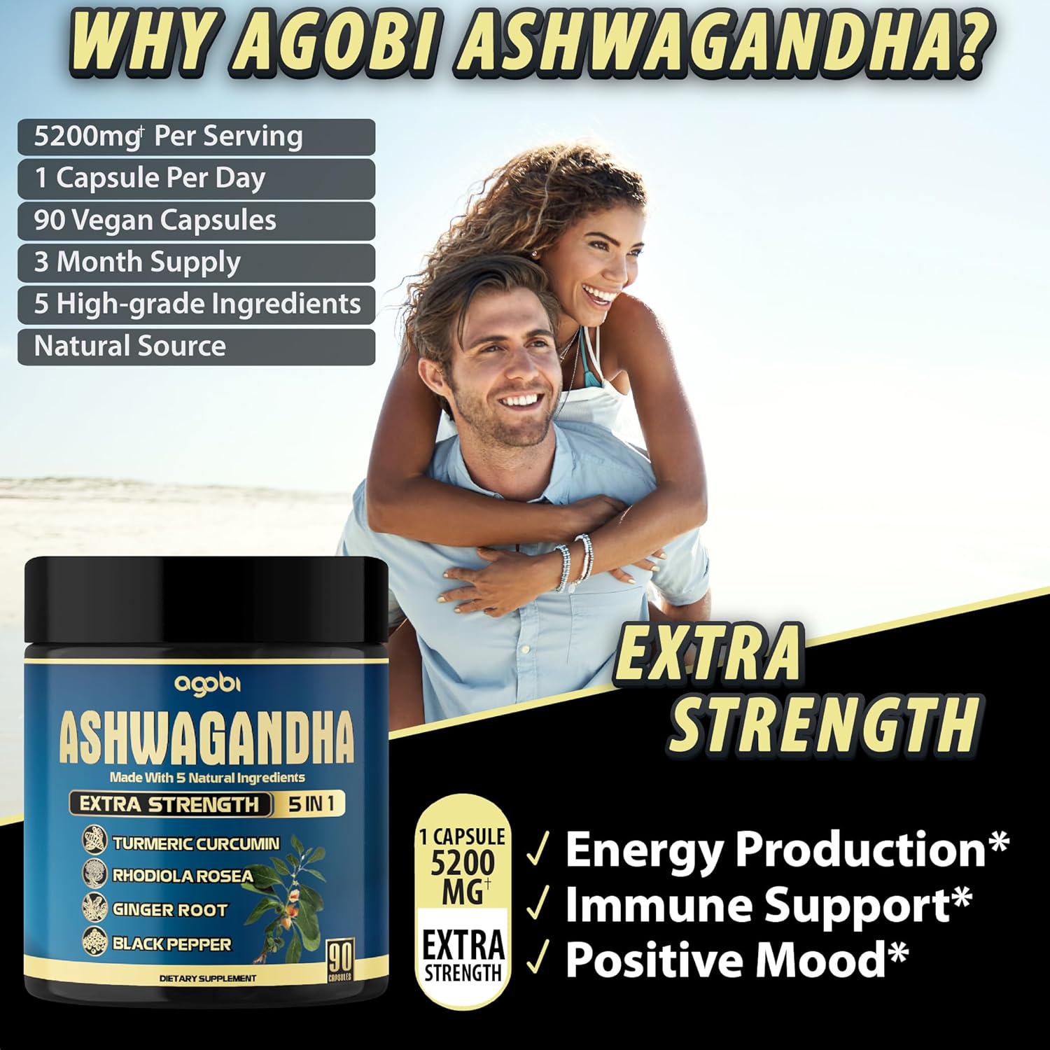 90-Count Agobi Ashwagandha Supplement Capsules for 3-Months