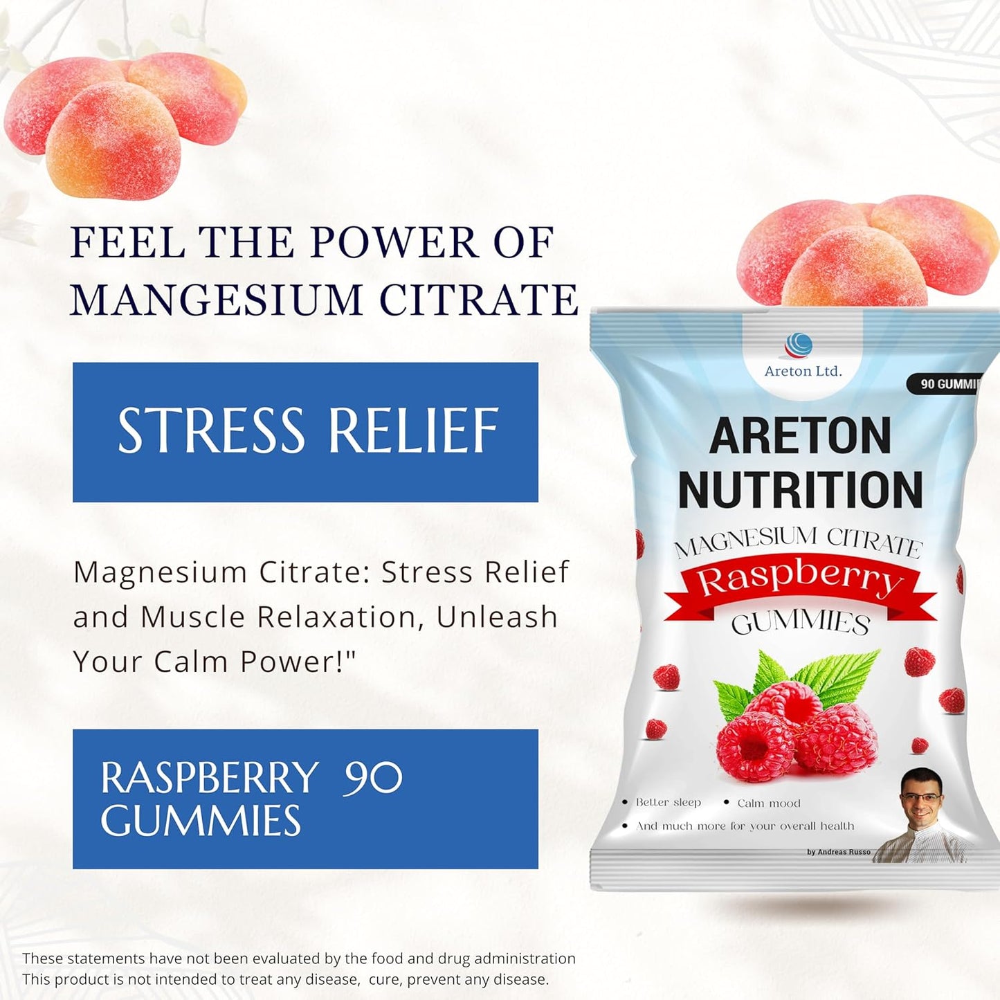 90-Count Areton Raspberry Magnesium Gummies for High Absorption - Promotes Muscle & Bone Health, Stress Relief, and Calmness