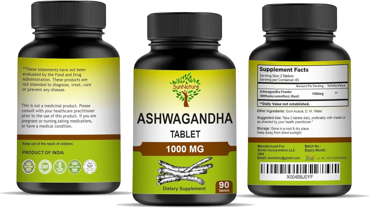 90 Count Ashwagandha Tablets - 1000mg, 45 Day Supply, Vegan, Natural from India | SunNature
