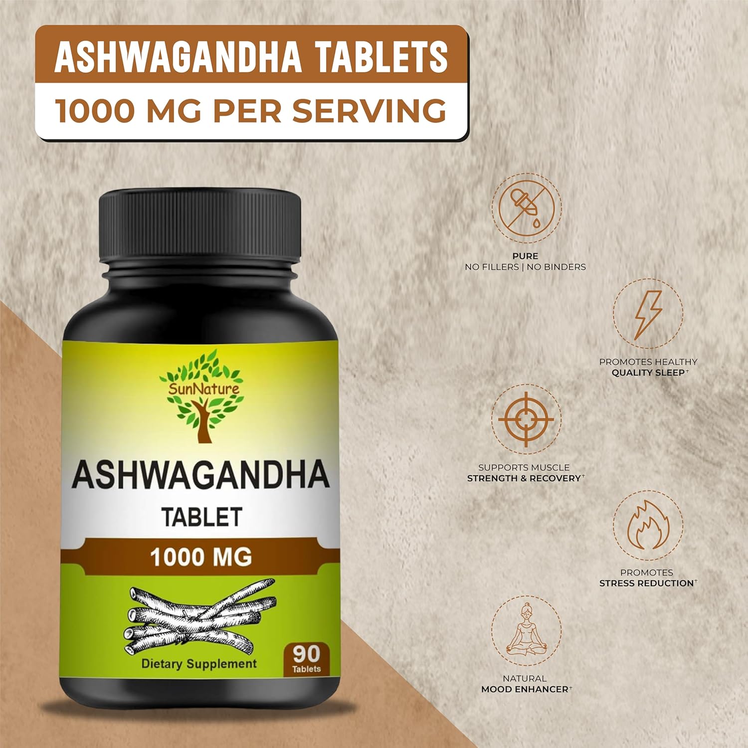 90 Count Ashwagandha Tablets - 1000mg, 45 Day Supply, Vegan, Natural from India | SunNature