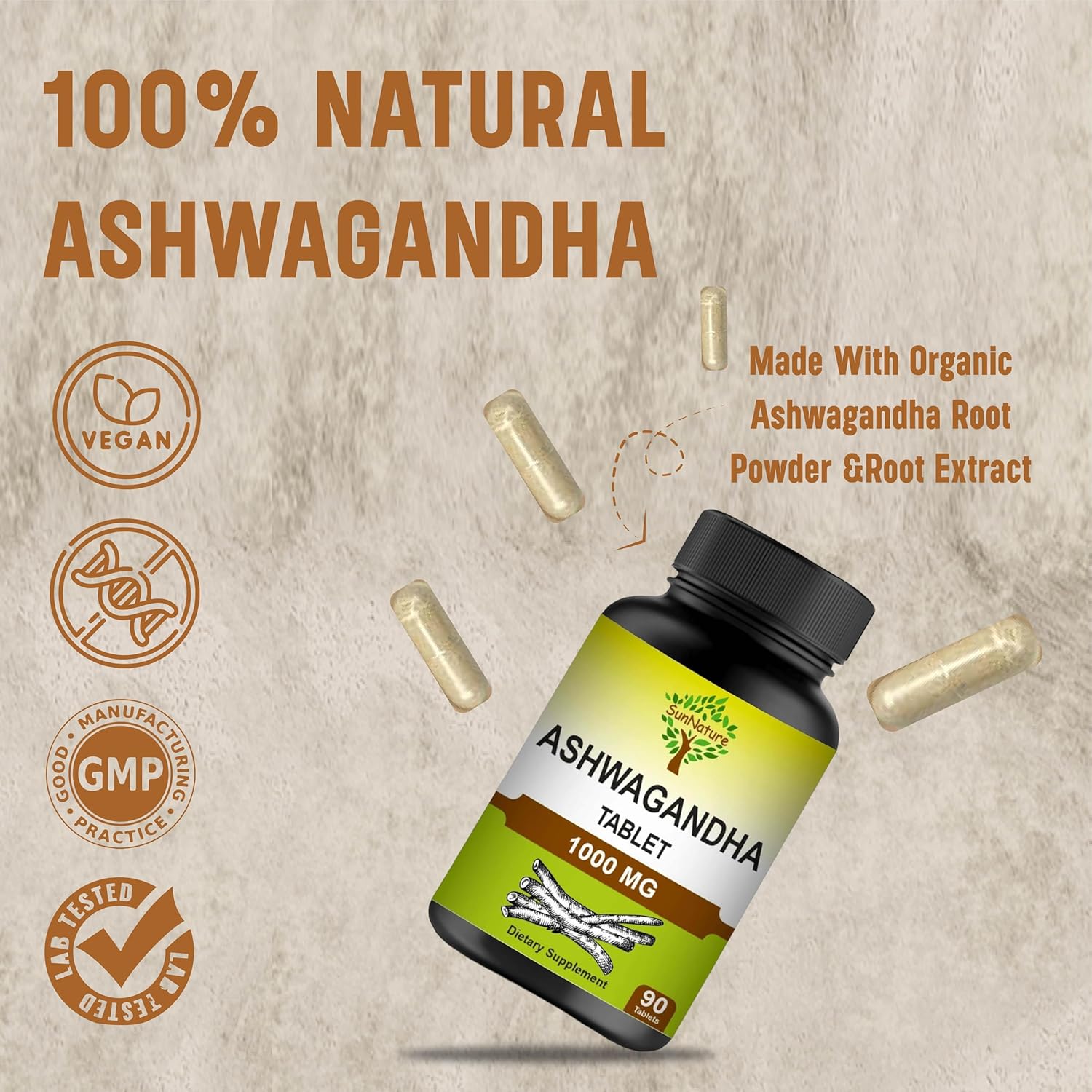90 Count Ashwagandha Tablets - 1000mg, 45 Day Supply, Vegan, Natural from India | SunNature