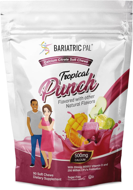 90 Count BariatricPal Tropical Punch Sugar-Free Calcium Citrate Soft Chews with Probiotics - 500mg