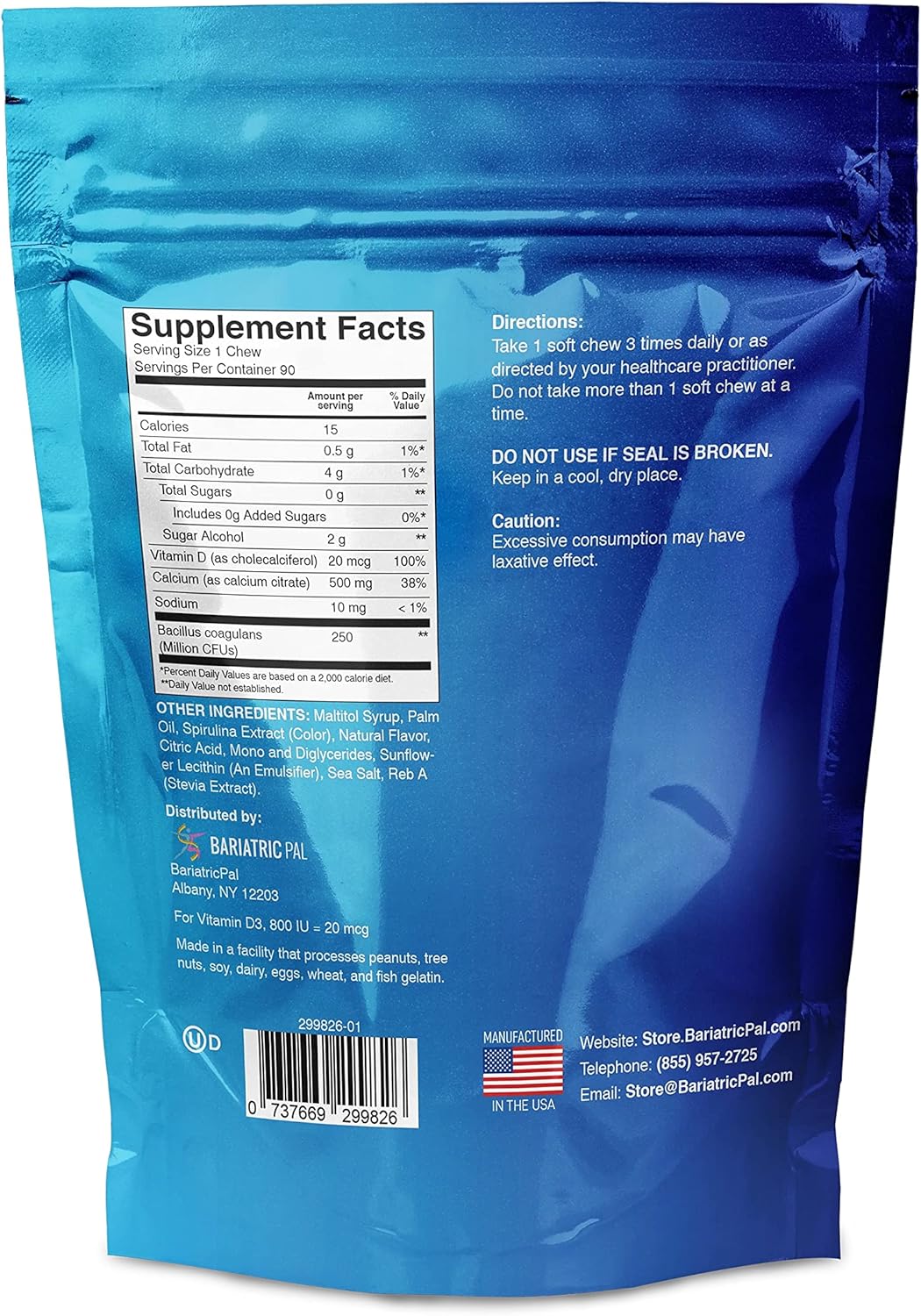 90 Count Blue Raspberry BariatricPal Sugar-Free Calcium Citrate Soft Chews with Probiotics (500mg)