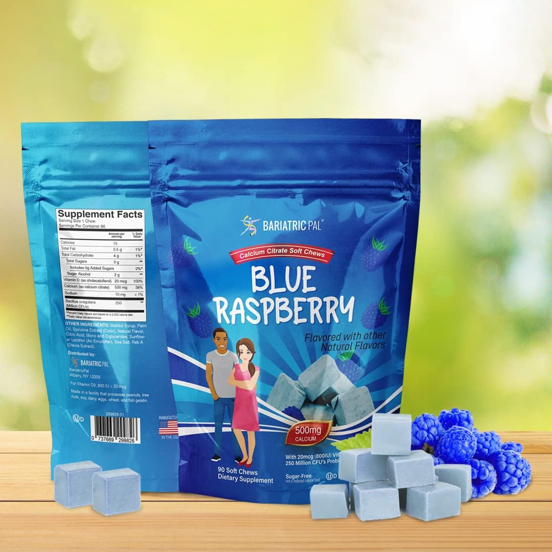 90 Count Blue Raspberry BariatricPal Sugar-Free Calcium Citrate Soft Chews with Probiotics (500mg)