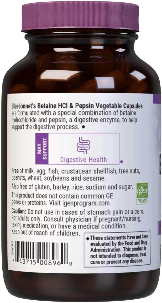 90 Count BlueBonnet Betaine HCI Plus Pepsin Vegetarian Capsules for Digestive Support
