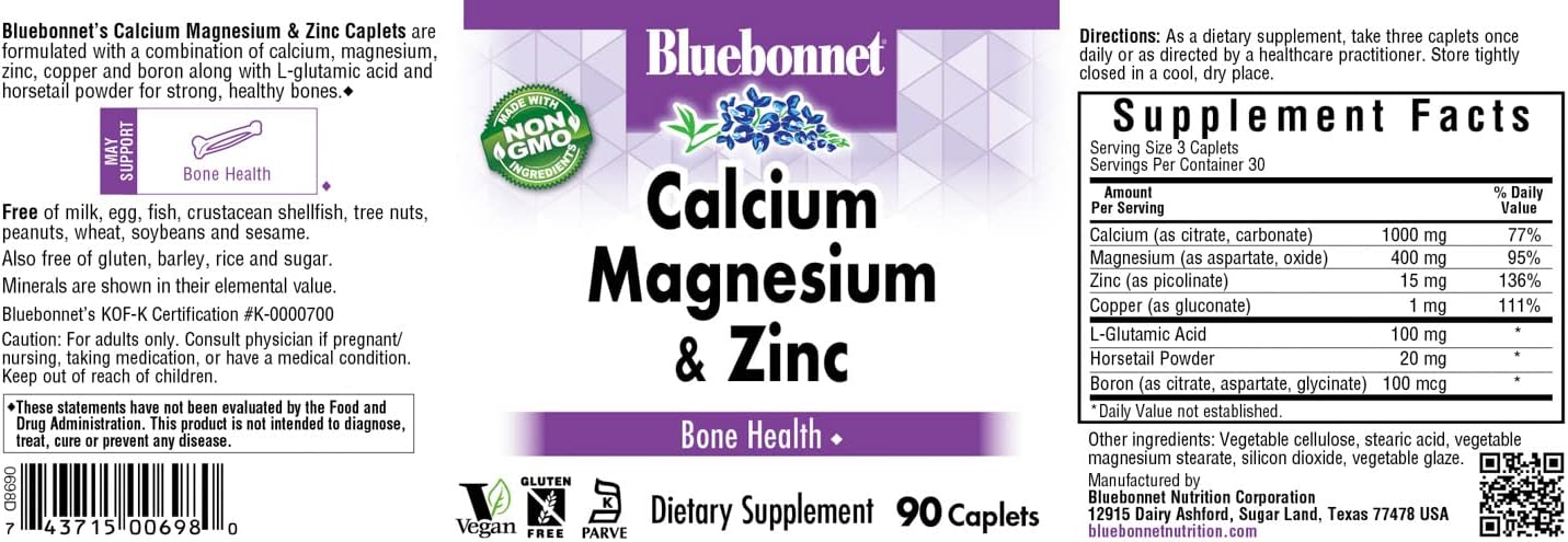 90 Count BlueBonnet Calcium Magnesium Zinc Caplets for Bone Health and Immune Support