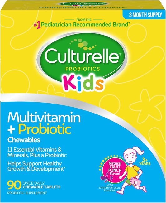 90 Count Culturelle Kids Complete Chewable Multivitamin + Probiotic for Ages 3+, with 11 Vitamins & Minerals, Including C, D3 & Zinc - Digestive, Oral, & Immune Support