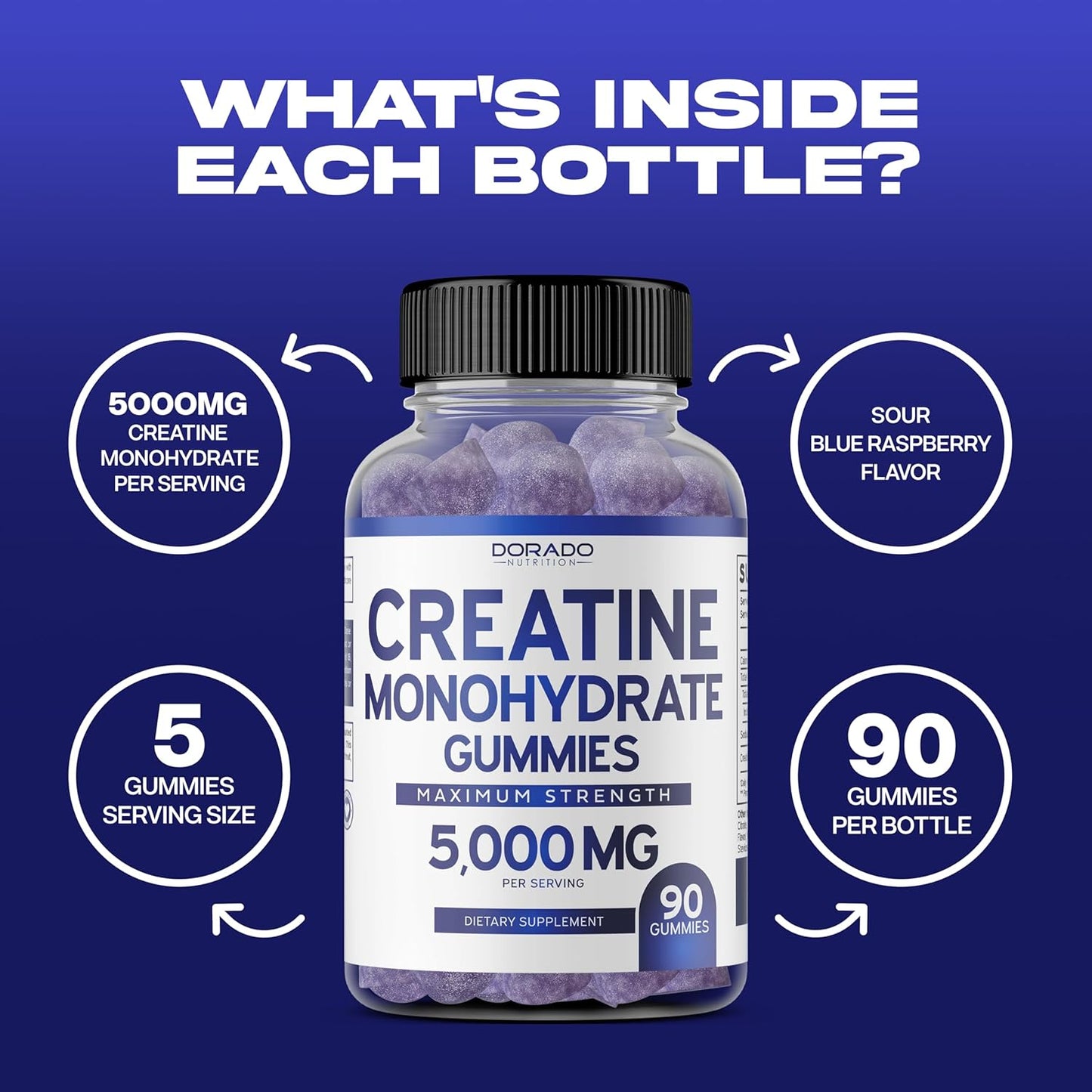 90 Count Dorado Nutrition Creatine Monohydrate Gummies - 5g Creatine for Men & Women - Blue Raspberry Flavor - Vegan & Non-GMO - Third Party Tested - Made in USA