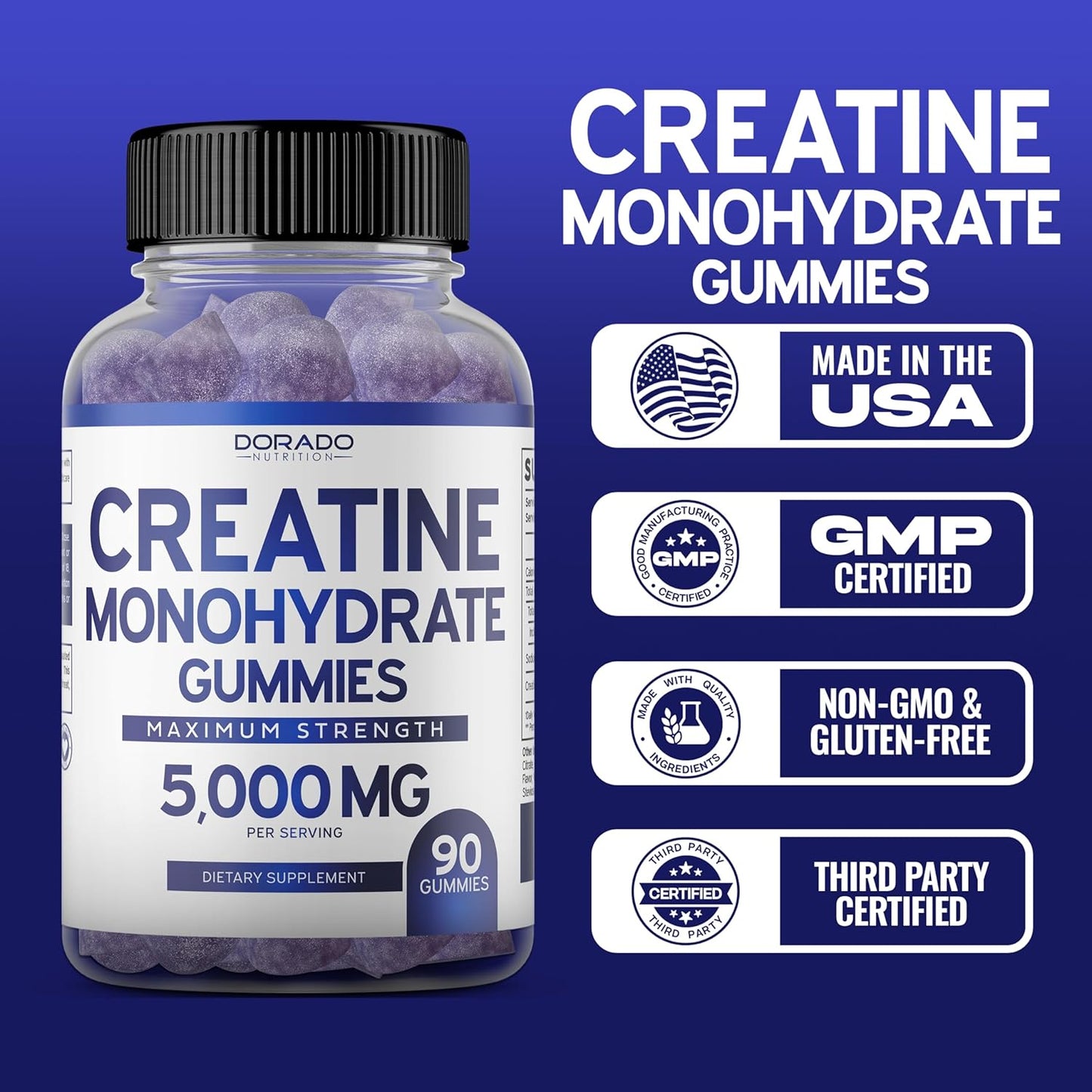 90 Count Dorado Nutrition Creatine Monohydrate Gummies - 5g Creatine for Men & Women - Blue Raspberry Flavor - Vegan & Non-GMO - Third Party Tested - Made in USA