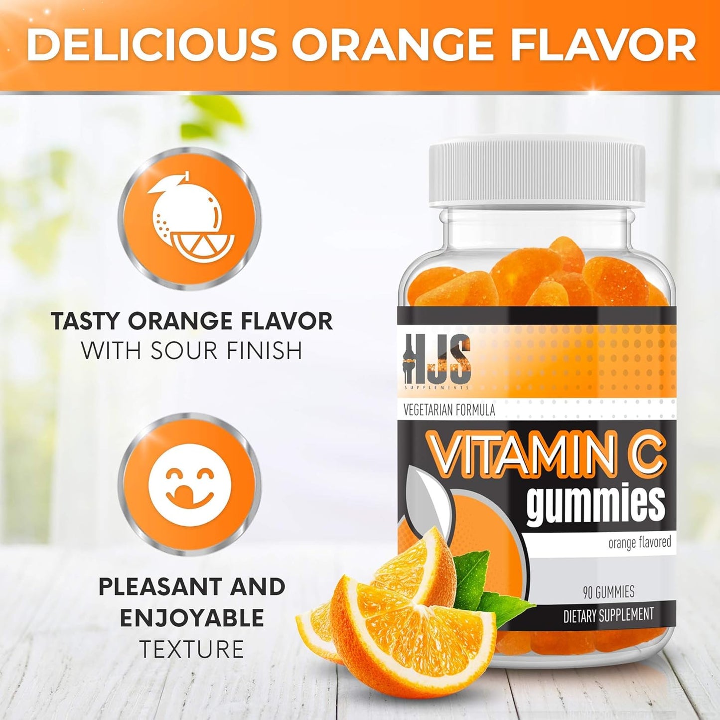 90 Count HJS Supplements Vitamin C Gummies for Adults & Kids | Chewable Orange Flavored | Immune & Heart Health Support | Gluten-Free & Vegetarian