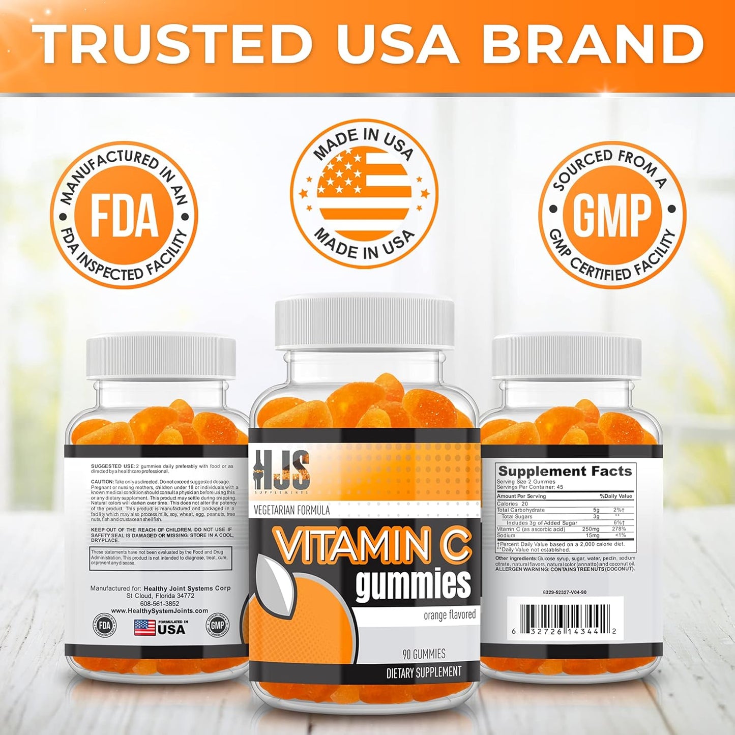 90 Count HJS Supplements Vitamin C Gummies for Adults & Kids | Chewable Orange Flavored | Immune & Heart Health Support | Gluten-Free & Vegetarian